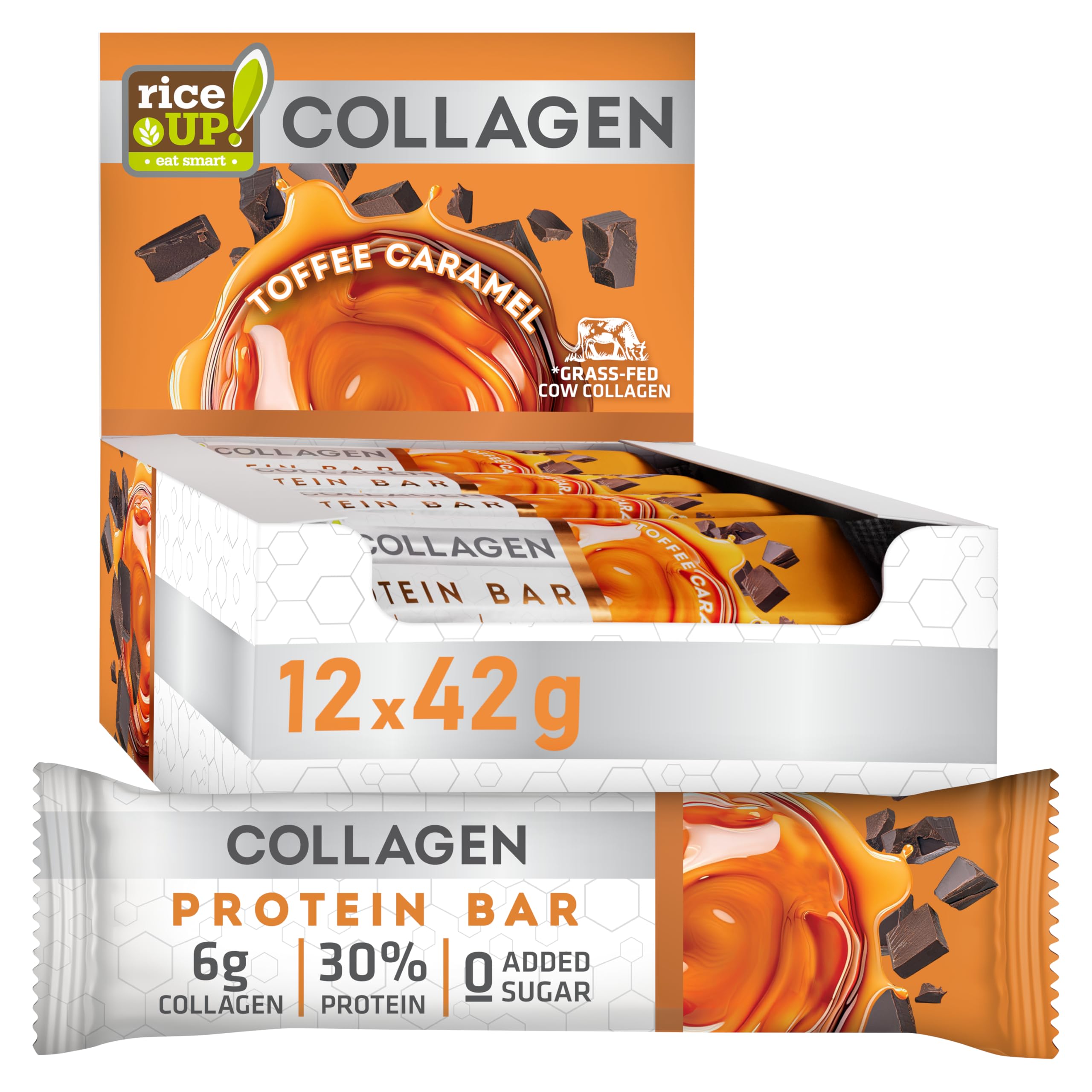 RiceUP! Barre Protéinée Toffee Caramel au Collagène – 30% Protéines, 6000 mg Collagène Type I & III, Sans Sucre Ajouté, Moins de 215 kcal – Snack Protéiné 12 x 42 g