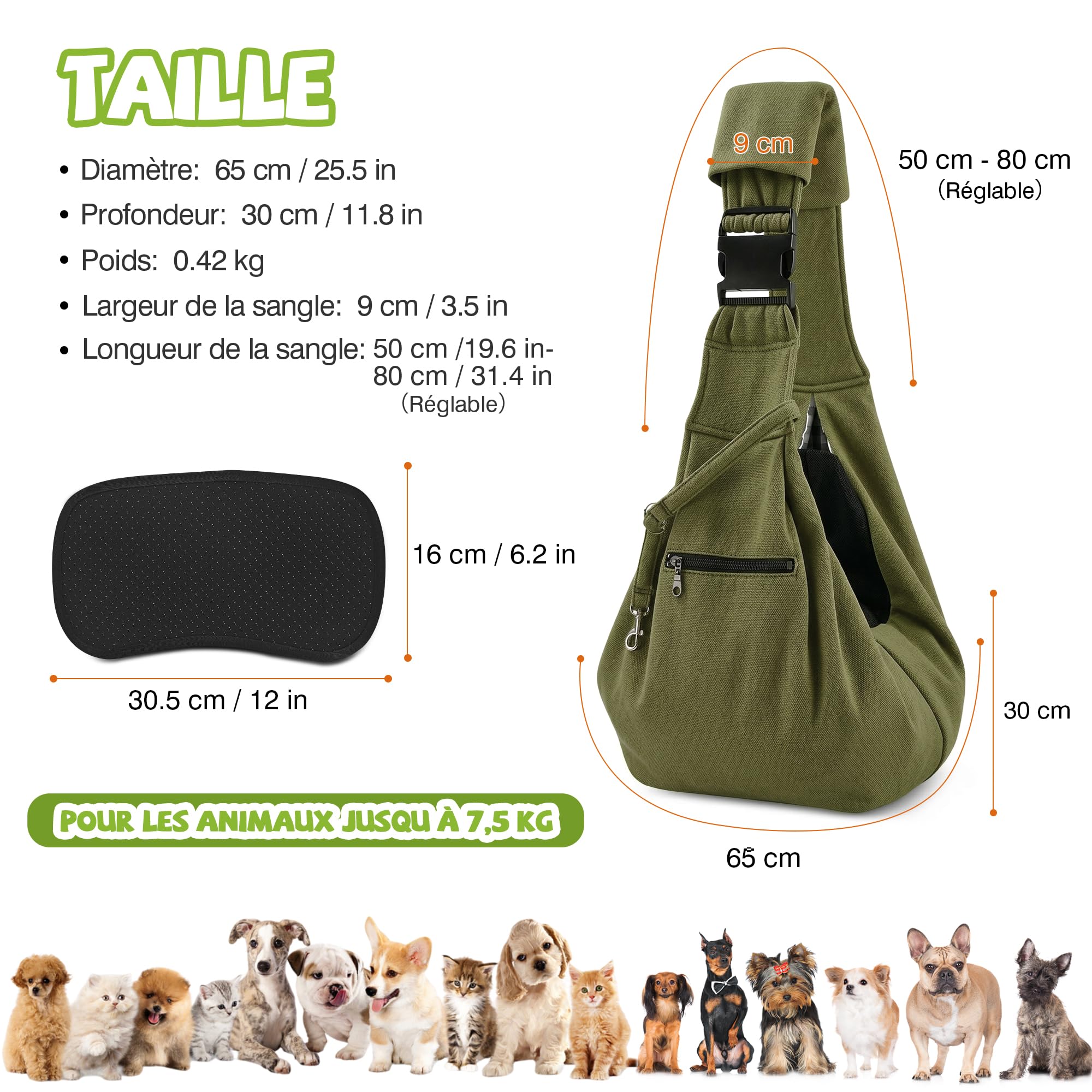 ALLSOPETS Sac de Transport Chien Chat, Sac Bandoulière Respirant pour Petit Chien et Chat avec Crochet de Sécurité, Transport Facile pour Balades et Vétérinaire (Vert Olive)