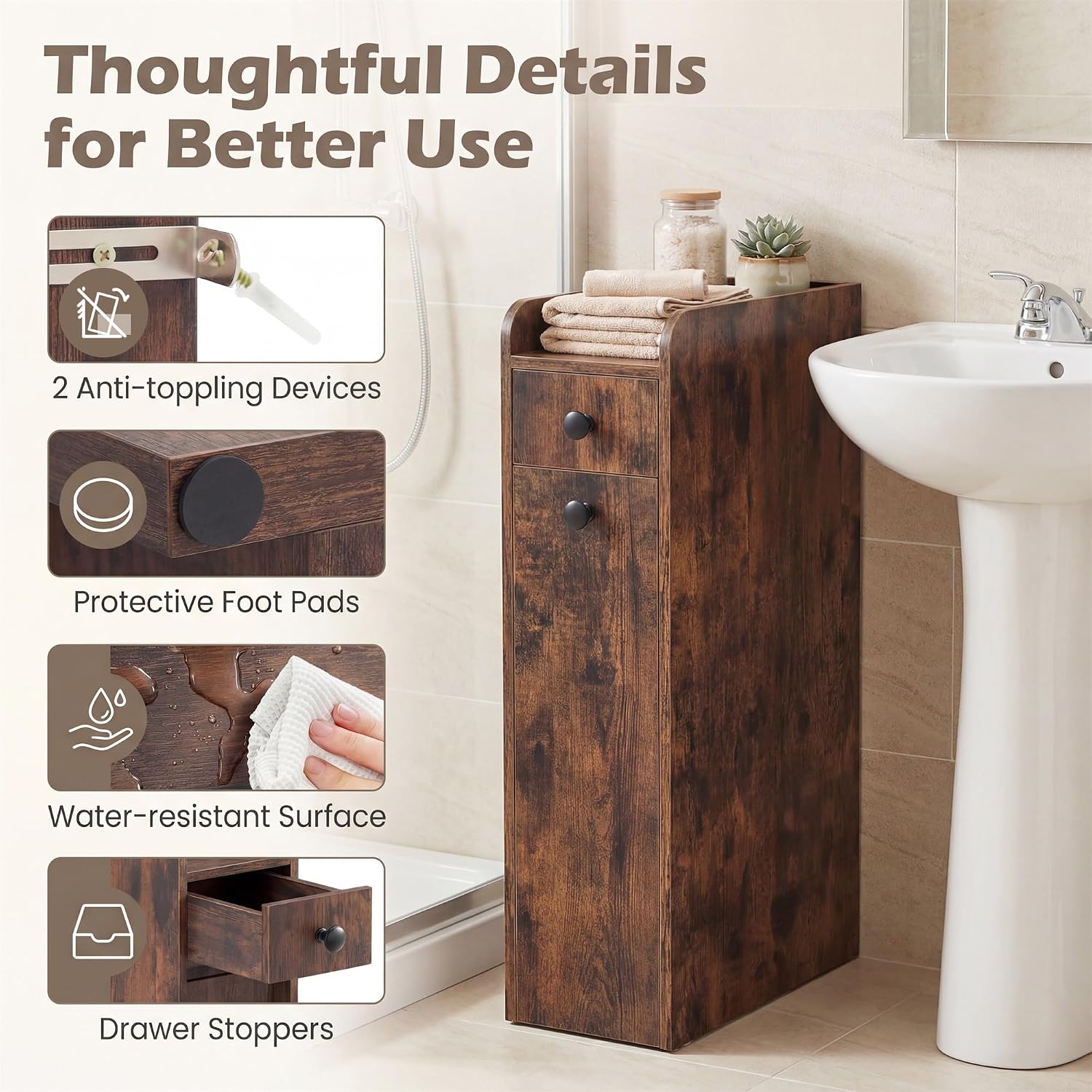 Thoughtful details of the Tangkula cabinet including anti-toppling devices, protective foot pads, water-resistant surface, and drawer stoppers.