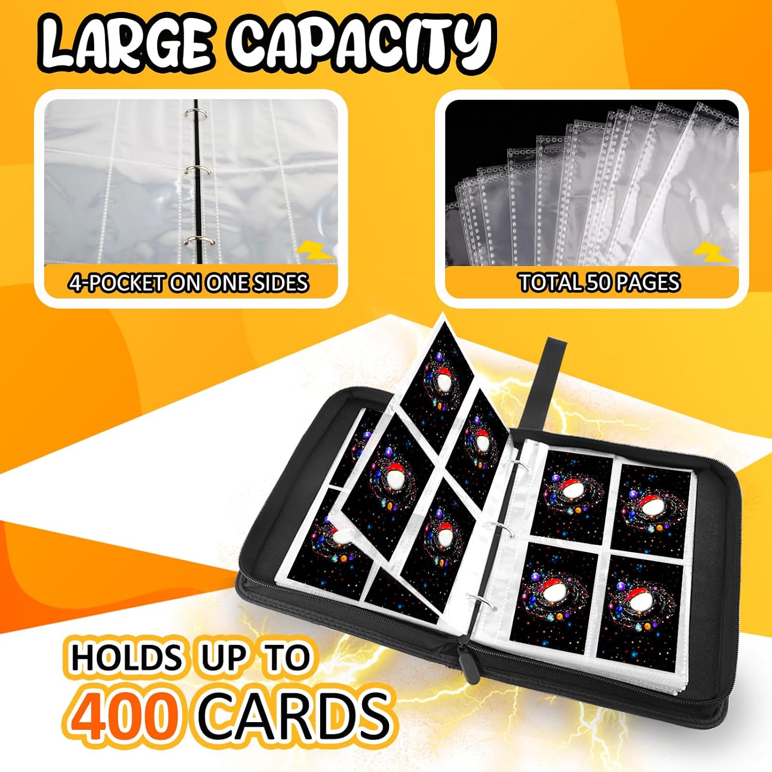 400 Pocket Trading Card Binder with 50 Removable Sleeves, Portable Zippered Card Holder, Collection Album Book Case Storage for MTG, TCG, Sports, Game Cards (Starlit Sky)
