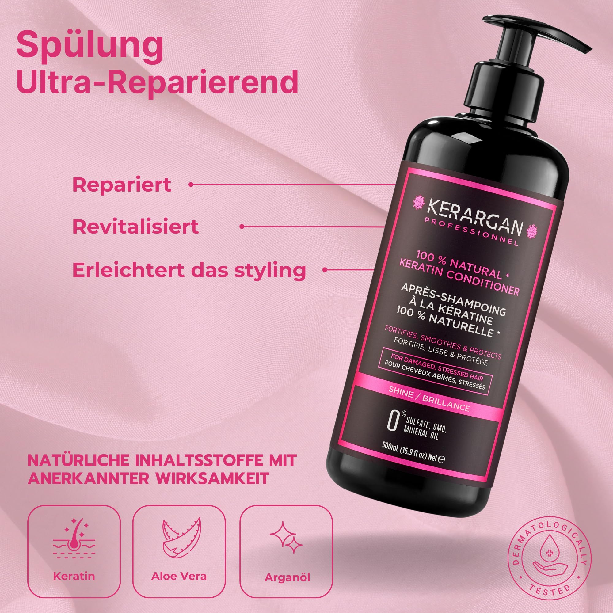 Kerargan - Duo Ultra Reparatur Shampoo & Spülung mit Keratin für strapazierte und gestresste Haare - Stärkt, Glättet & Schützt - Ohne Sulfate, GVO, Silikone - 2x500 ml