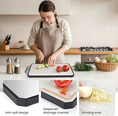 Miniatura 4 de NCUE Tablas de cortar para cocina, tabla de cortar de acero inoxidable 304 de doble cara y paja de trigo PP, para carne y verduras, tabla de cortar