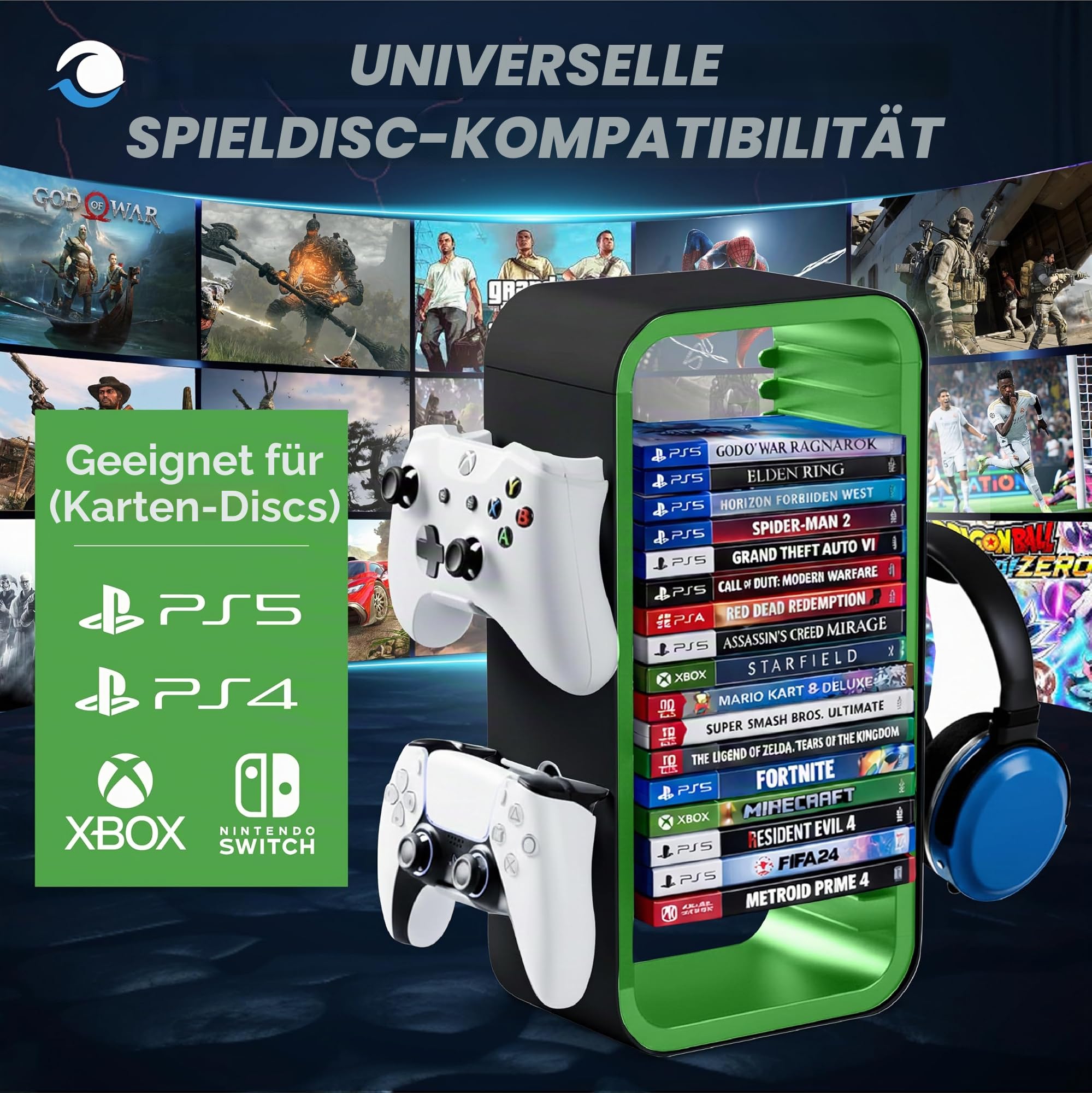 Universal Games Storage Tower Pro - Bis zu 18 Spiele - Mit Controller Halterung für bis zu 4 Gamepads - Gaming Zubehör für PS5, PS4, PS3, Xbox X/S/One, Switch, Switch OLED, Blue Ray, DVD
