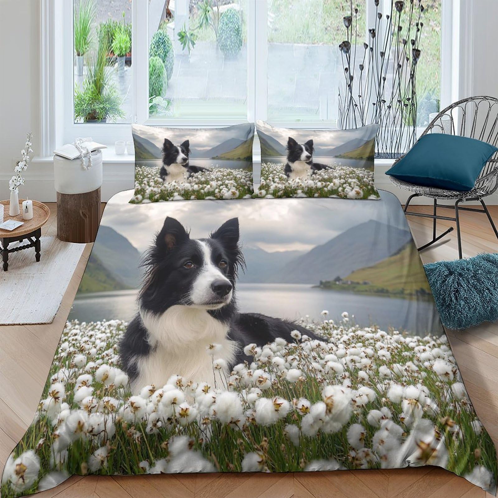 Ctjqhvkz Style-6 3D Printed Border Collie Meadow Fitted Sheet Microfiber Soft Nature Lake Dog Mattress Cover For Bedroom Guest Room Decor Single（135X200cm）