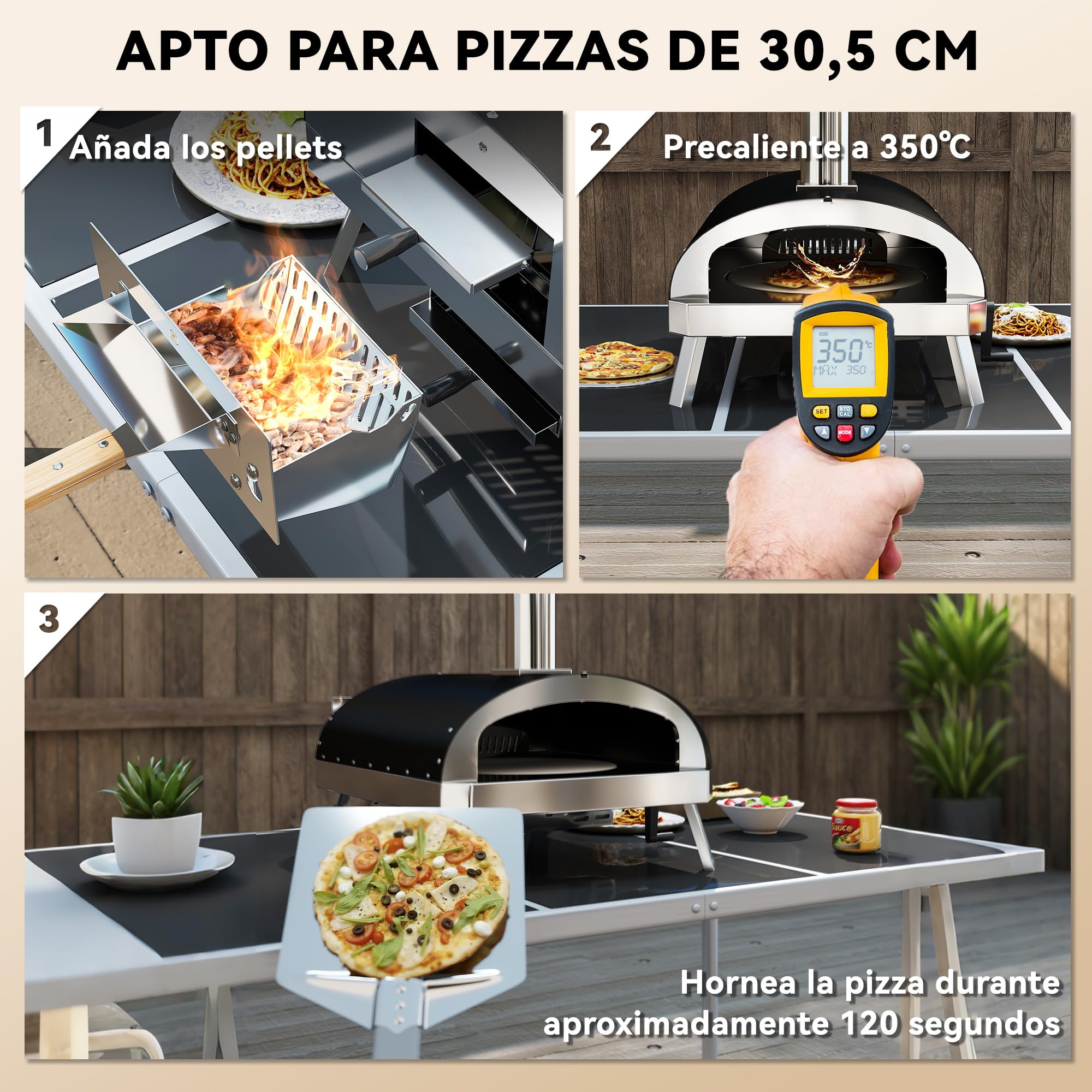 Outsunny Mini four à pizza extérieur portable avec pierre réfractaire Ø33 cm, manches en bois, thermomètre, plateau rotatif