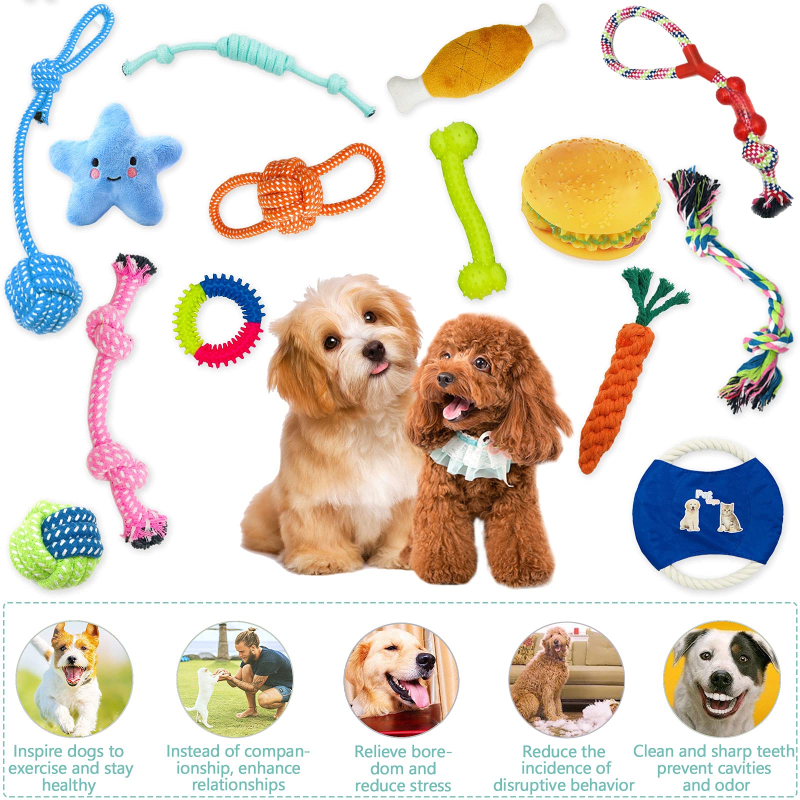 Amzeeniu Jouet pour Chiens,Ensemble Lot de14PCS Jouet à Mâcher Corde Jouet Interactif Chien Corde Balle,Pet Rope Chew Toy pour Nettoyage de Dents Molaires Jeux pour Chiot Petits/Moyens