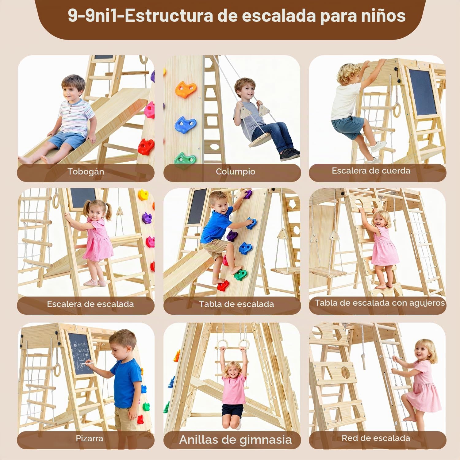 Maxi Estructura de Escalada de interior, 10 en 1 Montessori Estructura de Escalada Plegable para Niños, Multifuncional Parque infantil cubierto con Pizarra columpio monopatín & Red de escalada