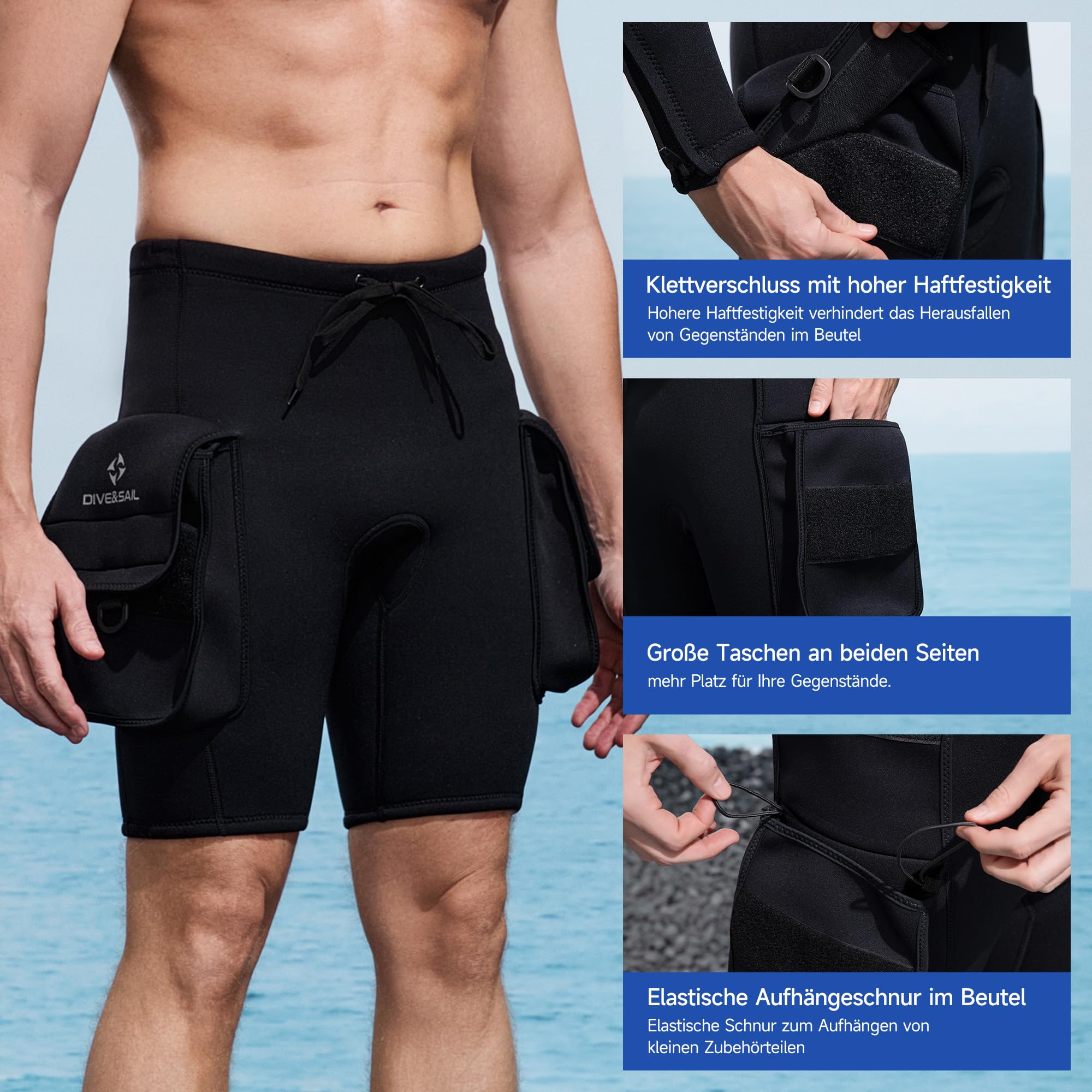 Pantalones cortos de buceo de neopreno de 3 mm para hombres con bolsillo ajustable para buceo, esnórquel, hombres, piragüismo