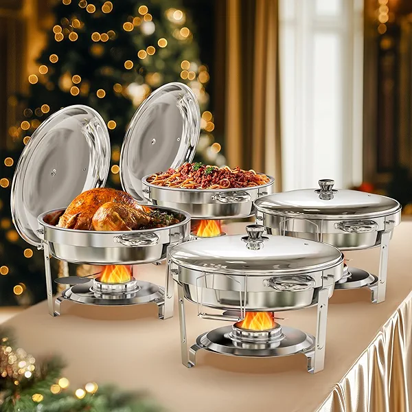 WARMOUNTS Round Chafing Dishes for Buffet, 5QT 4 Pack Chafers and Buffet Warmers Set with Mirror-Polished Stainless Steel, Rolled Rim, Stackable, Lid Holder for Parties, Catering, Weddings