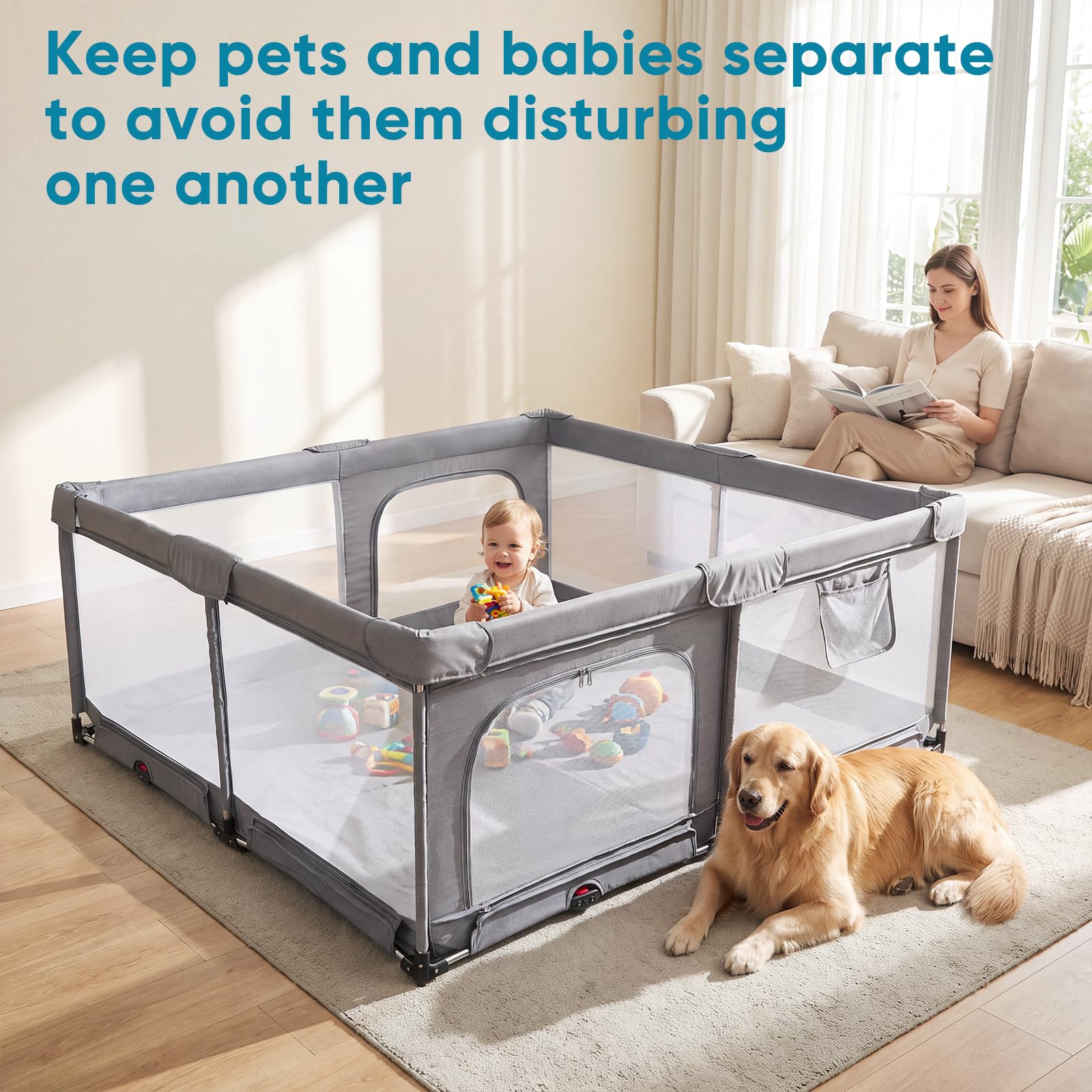 Parc pliable pour bébé 180 x 150 cm, 2 entrées latérales, filet, bords doux | Utilisable sans montage, parc intérieur et extérieur avec filet respirant et anneaux de traction