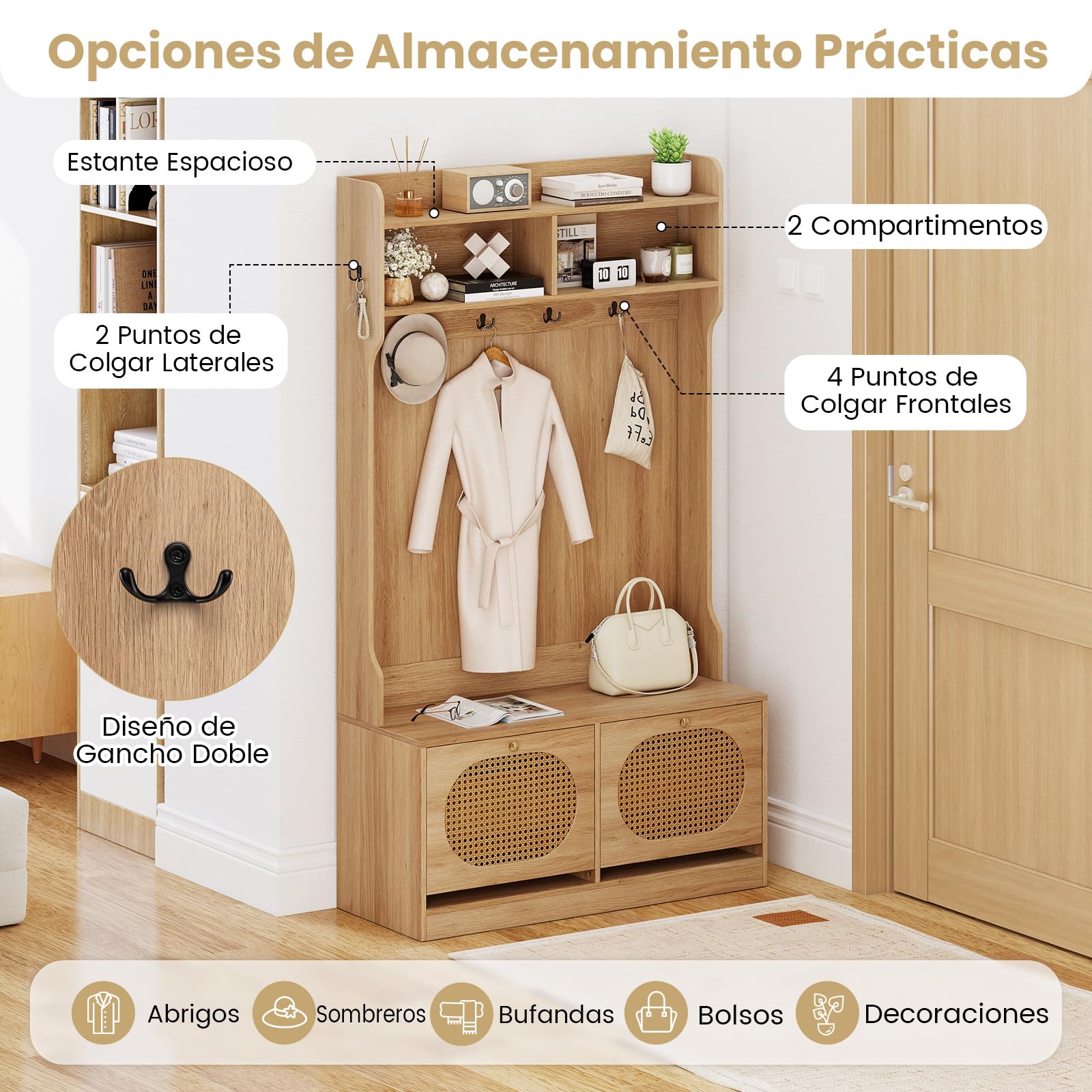 COSTWAY Perchero Zapatero 4 en 1, Muebles de Entrada Recibidor con 2 Cajones Abatibles, Ganchos Duales, Estantes, 101,5 x 40 x 180 cm, Entrada Salon Pasillo