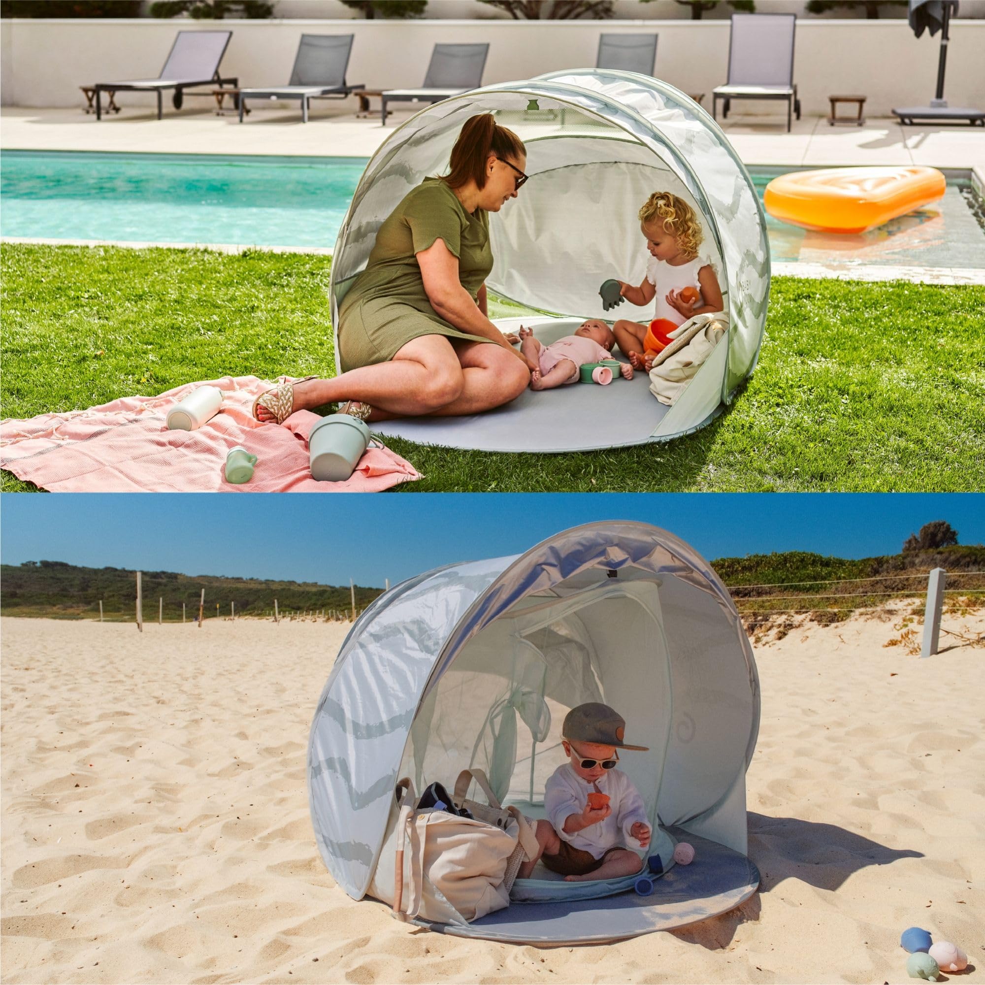Babymoov Anty-UV UPF 50+ wysoka ochrona rozkładany namiot przeciwsłoneczny dla niemowląt Moov & Protect - namiot plażowy - osłona przeciwsłoneczna z systemem wentylacji chłodzącej
