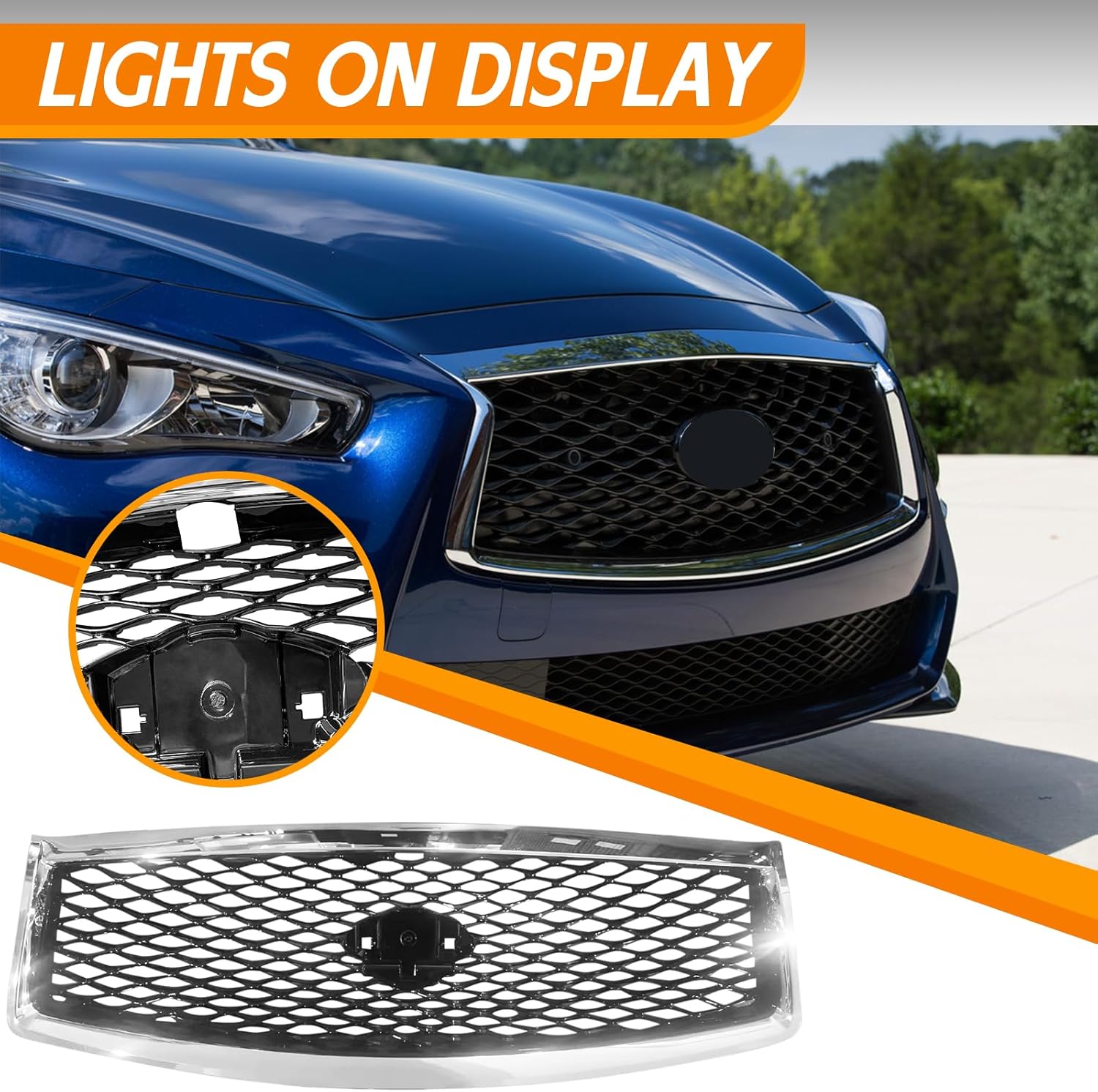 Front Cover Upper Bumper Chrome Grille Fit 2014-2017 for Infiniti Q50 Gloss Front Mesh Air Intake Assembly Replacement Shroud