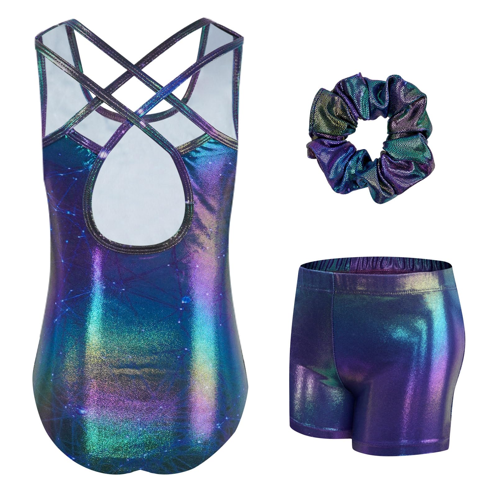 JiAmy Justaucorps gymnastique filles, 3 pièces tenue gymnastique body gymnastique brillant avec short et dos croisé pour enfants de 3 à 12 ans