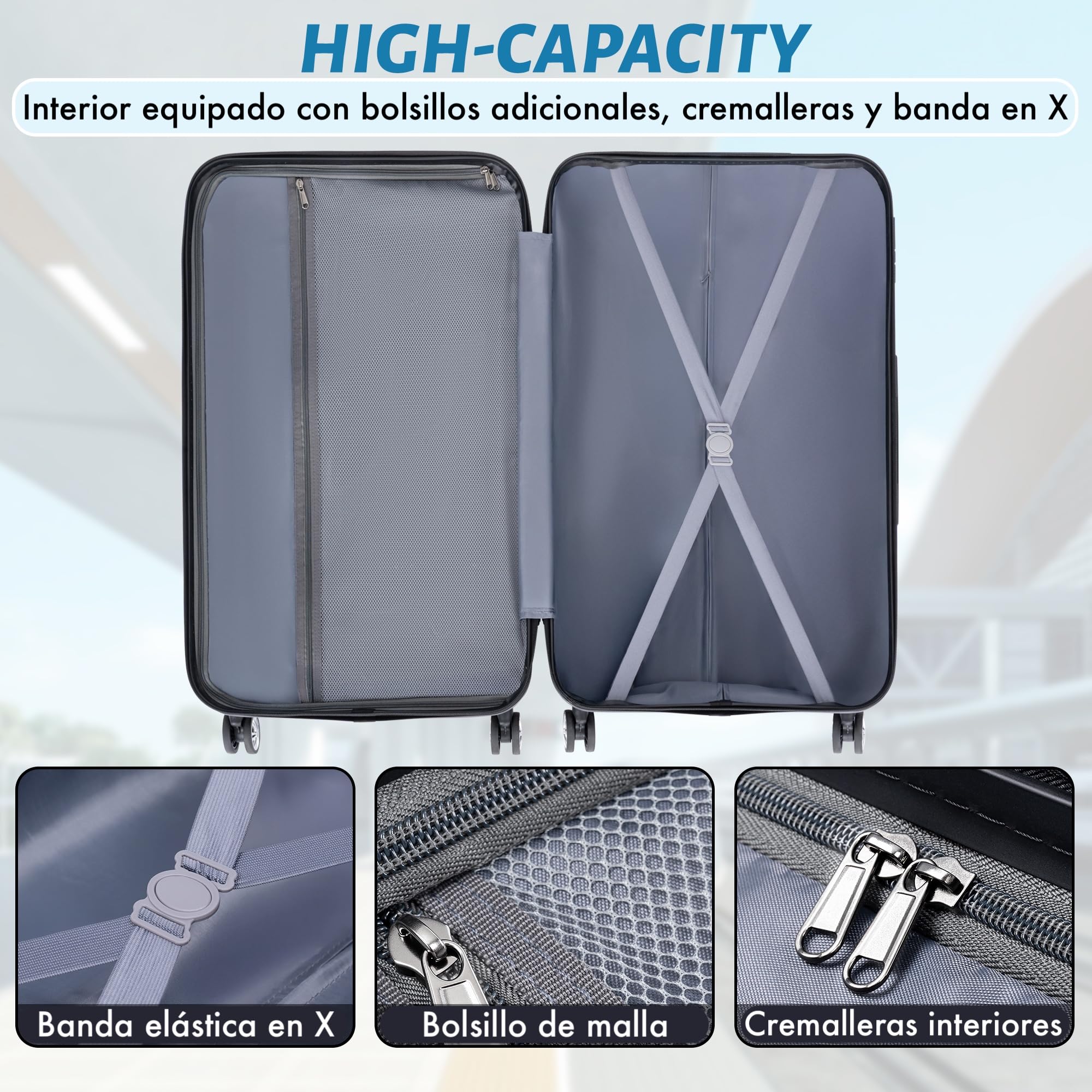 Juego o Set de 3 Maletas de Viaje - 4 ruedas dobles giratorias - Neceser - Maleta de cabina - equipaje de mano - Cerradura TSA - Ligeras - ABS - Resistentes - Asa telescópica