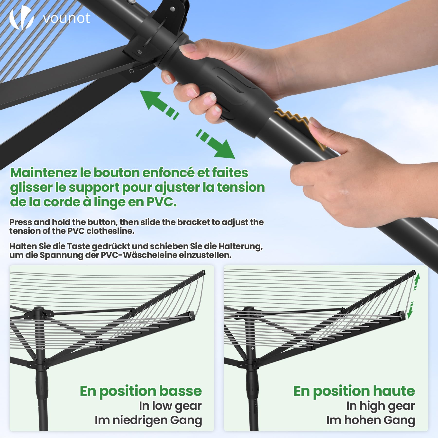 vounot® Etendoir à Linge Extérieur Rotatif 4 Bras Séchoir Parapluie Grande Surface D'Étendage 45M Séchoir à Linge avec Housse de Protection Piquet de Sol Noir Gris