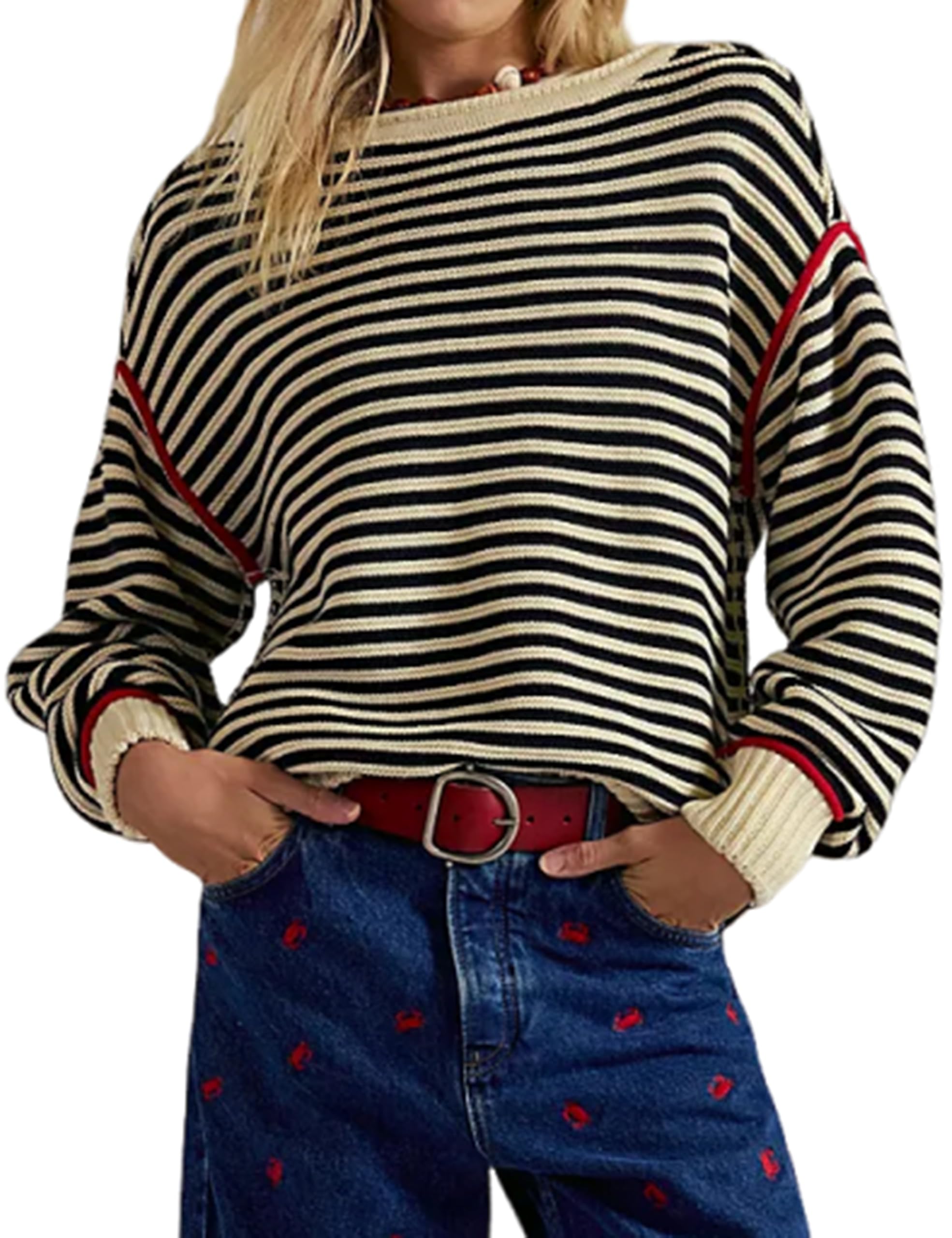 Womens Oversized Striped Sweater Long Sleeve Crew Neck 2025 Fall Pullover Sweater Tops