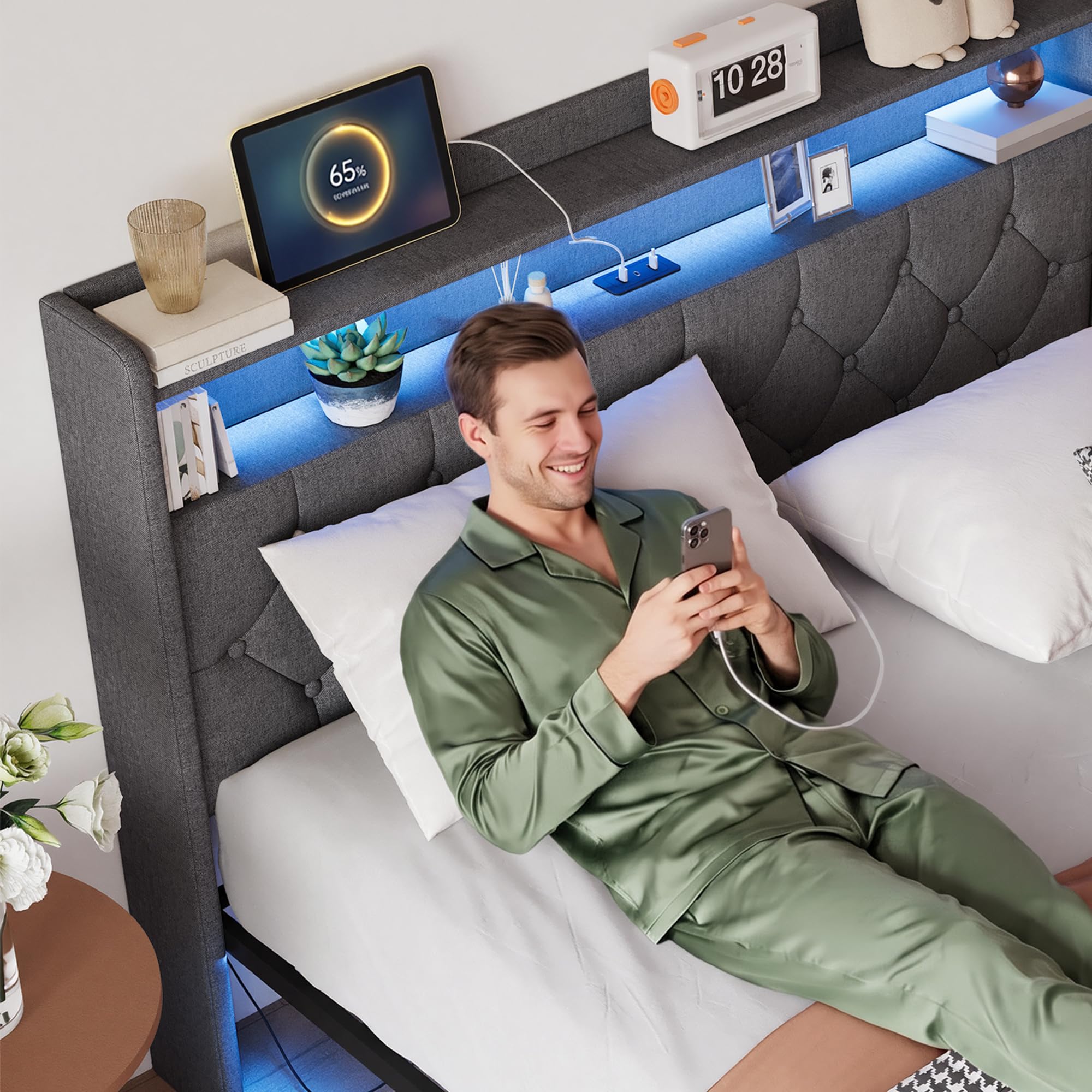 Xbro Cama 140x200 cm con Flotante，Cama Tapizada con Iluminación LED y Estación de Carga (USB/Enchufe), Cabecero Acolchado con Espacio de Almacenamiento, Somier, Gris Oscuro(Sin Colchón)