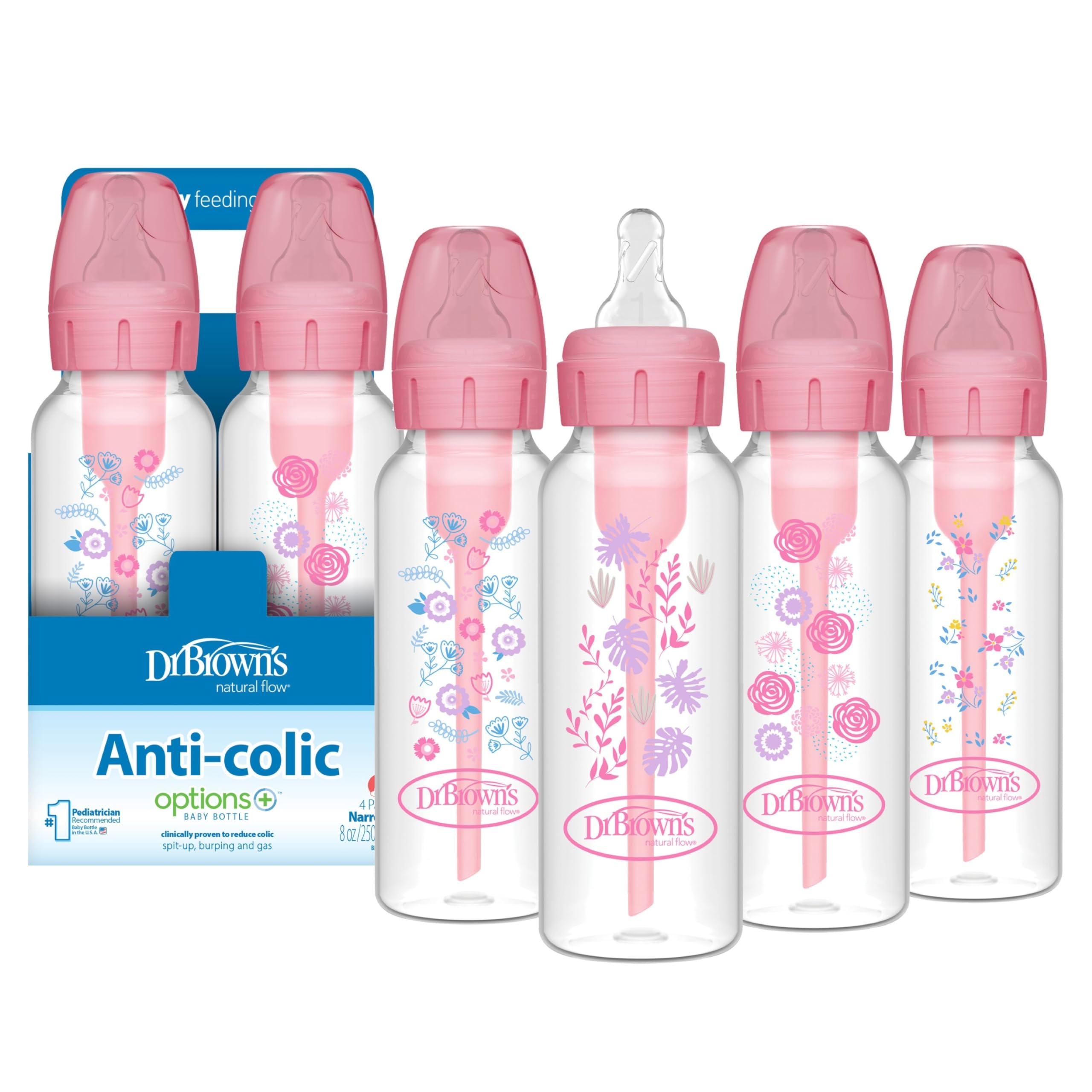 Dr Browns Natural Flow Anti-Colic Options Narrow Baby Bottle Pink Floral 8 oz 250 mL with Level 1