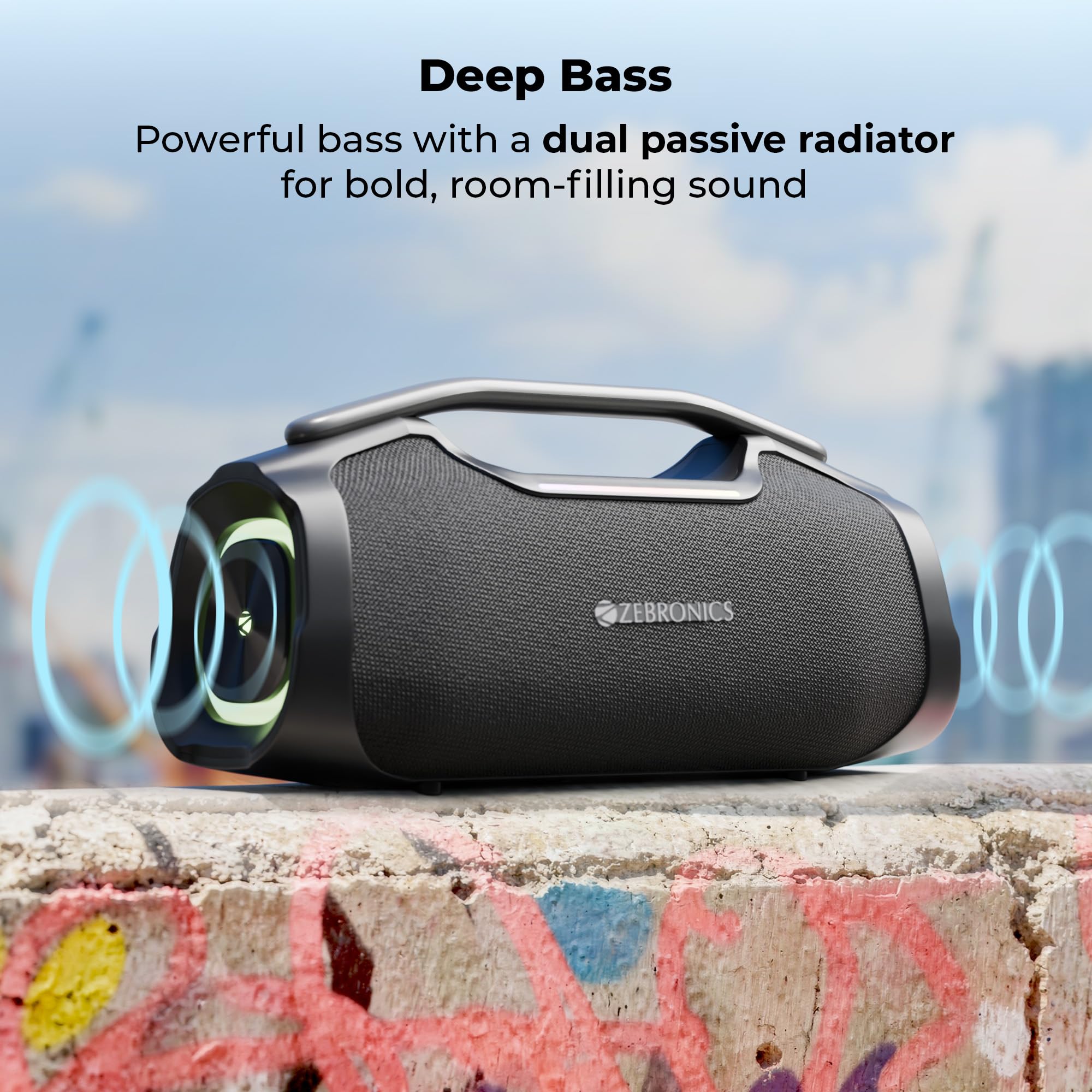 ZEBRONICS 2026 Launch 50W Bluetooth Speaker, Dual 5.7cm Drivers, 8.9cm Subwoofer, Upto 5Hrs Playback, Dual Passive Radiators, RGB Modes, 6.3mm Mic Input, TWS, BT v5.3, Type-C (Sound Feast 450) — Amazon image 4