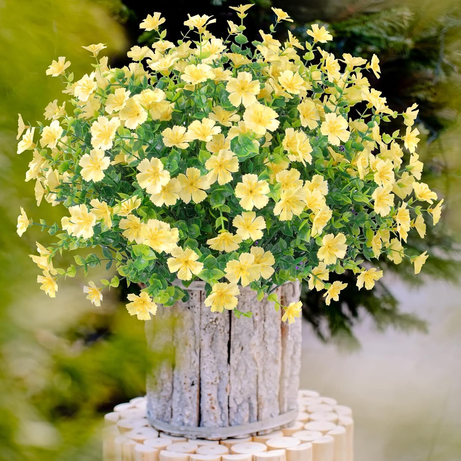 Ouddy Decor 24 Bundles Artificial Silk Flowers for Outdoors, Fake Plants Faux Greenery for Indoor Outside Garden Porch Window Hanging Planter Office Table Home Decor, Yellow