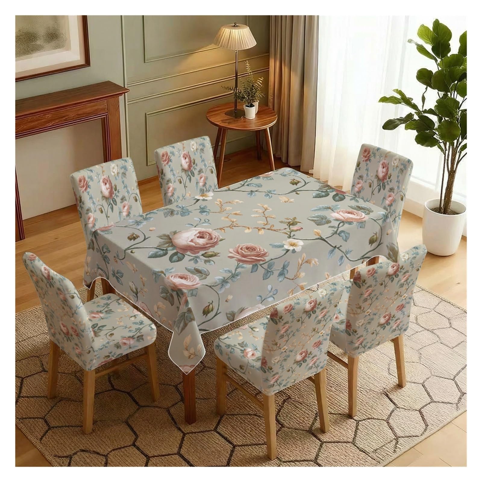 BOSUYBN Muted Green Vintage Rose Dining Tablecloth & Chair Covers Set, 5/7 Piece Romantic Floral Stretch Slipcovers For Elegant Home Table Setting(7pcs Set: Tablecloth+Chair Covers)