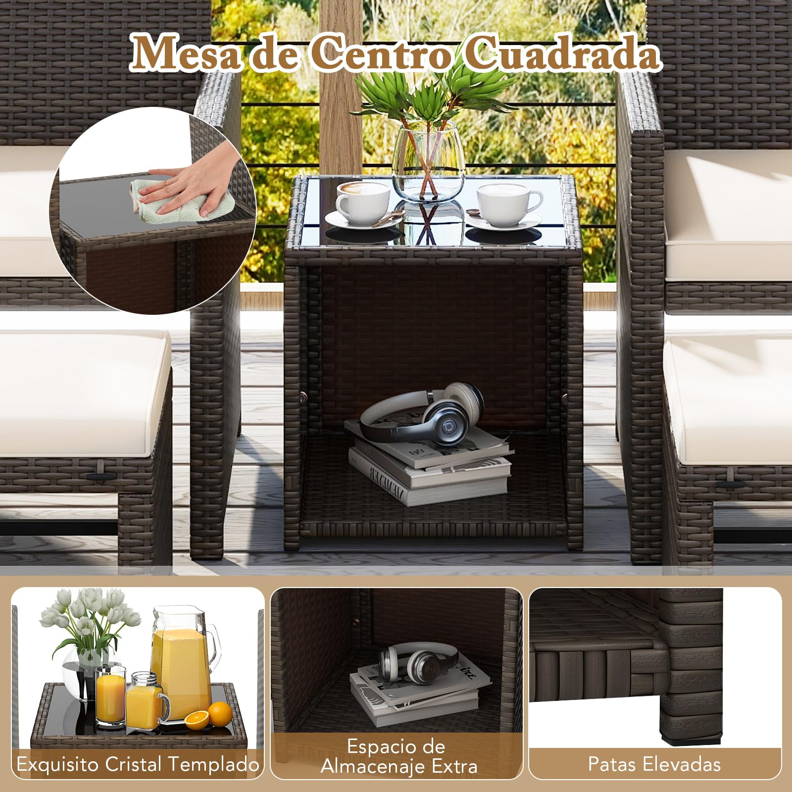 COSTWAY Conjunto de Muebles de Jardín de Ratán 5 Piezas, Set Conversación de Exterior con Silla y Otomana y Mesa Baja en Vidrio Templado, Cojines, Mesa y Sillas Terraza Jardín Patio Piscina (Blanco)