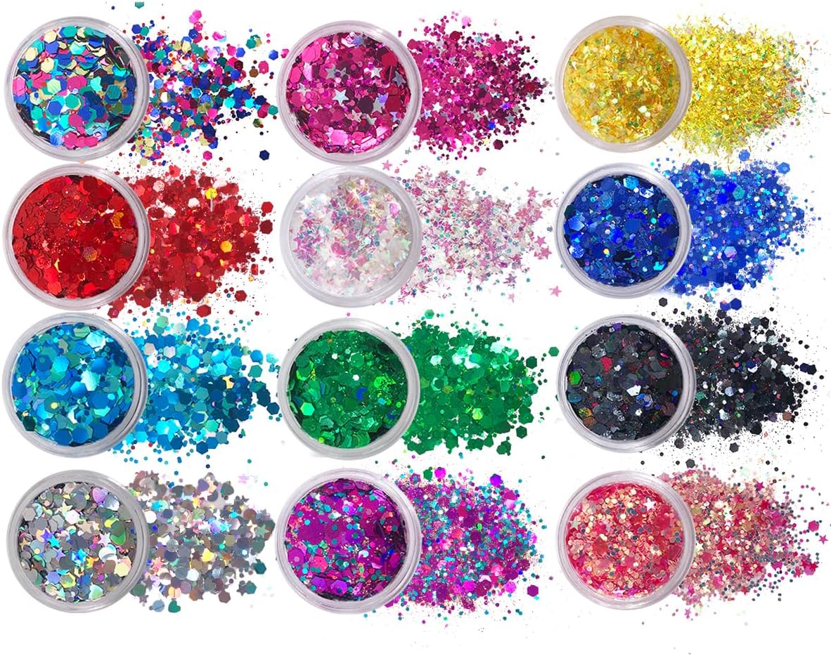 12 Pack - Multi-Colored Face & Body Glitter - Glue Included - Rainbow Chunky Glitter - Uses Include: Festival Rave Makeup Face Body Nails Resin Arts & Crafts, Resin, Tumblers, Bath Bombs