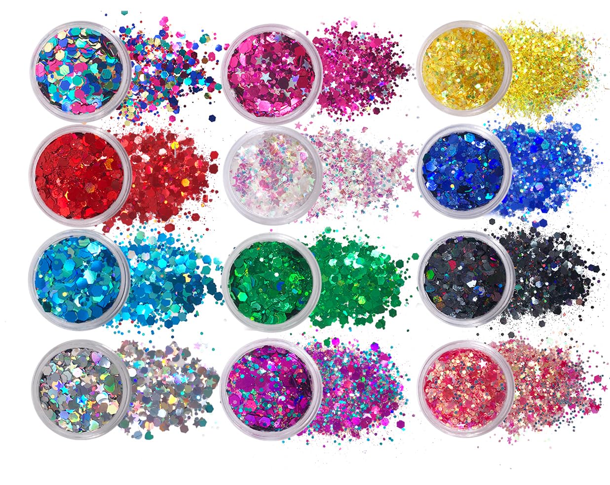 12 Pack - Multi-Colored Face & Body Glitter - Glue Included - Rainbow Chunky Glitter - Uses Include: Festival Rave Makeup Face Body Nails Resin Arts & Crafts, Resin, Tumblers, Bath Bombs