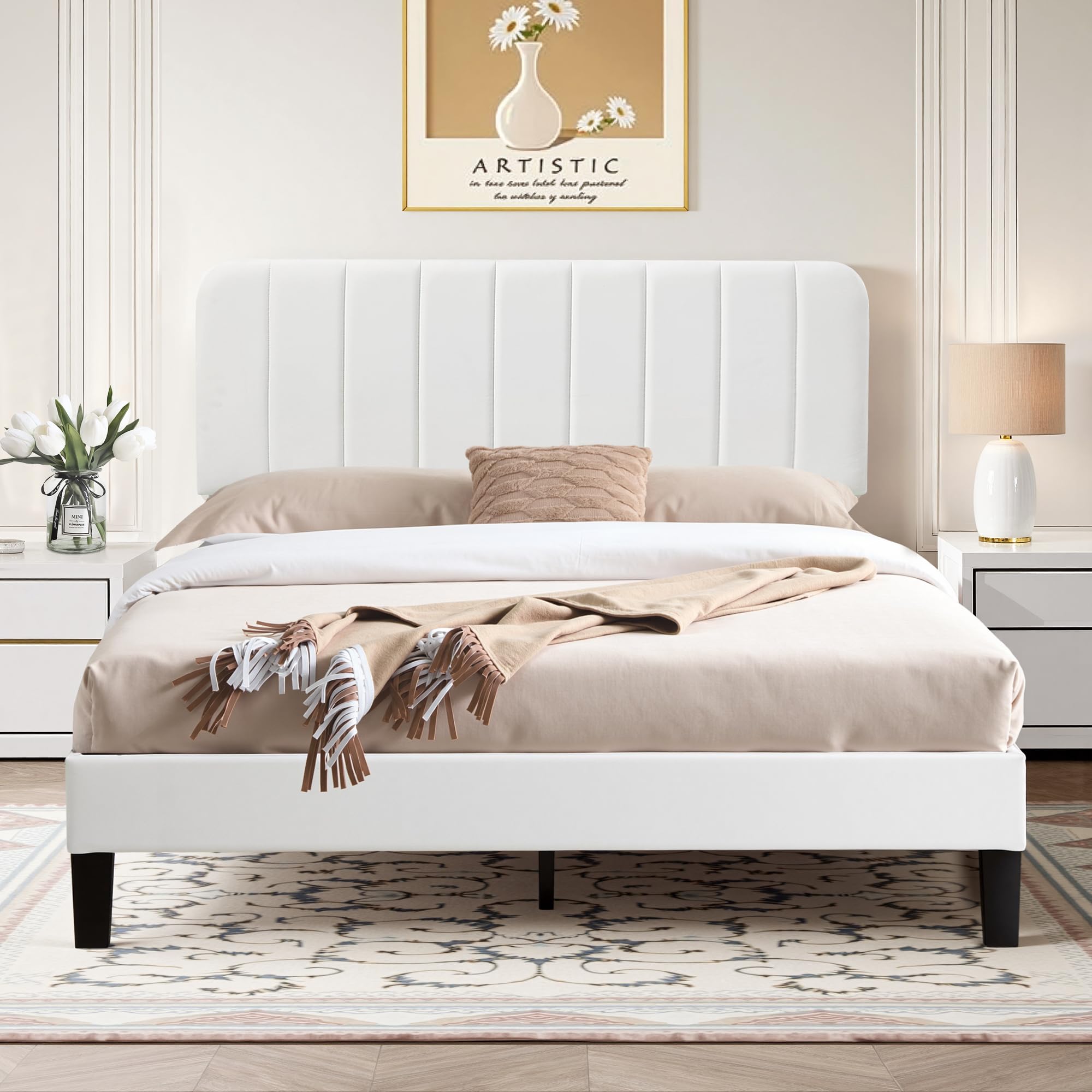 VECELO Double Size Bed Frame, 4ft6 Upholstered Velvet Platform with Adjustable Headboard, Wood Slat Support, Mattress Foundation, No Box Spring Needed, Noise-free