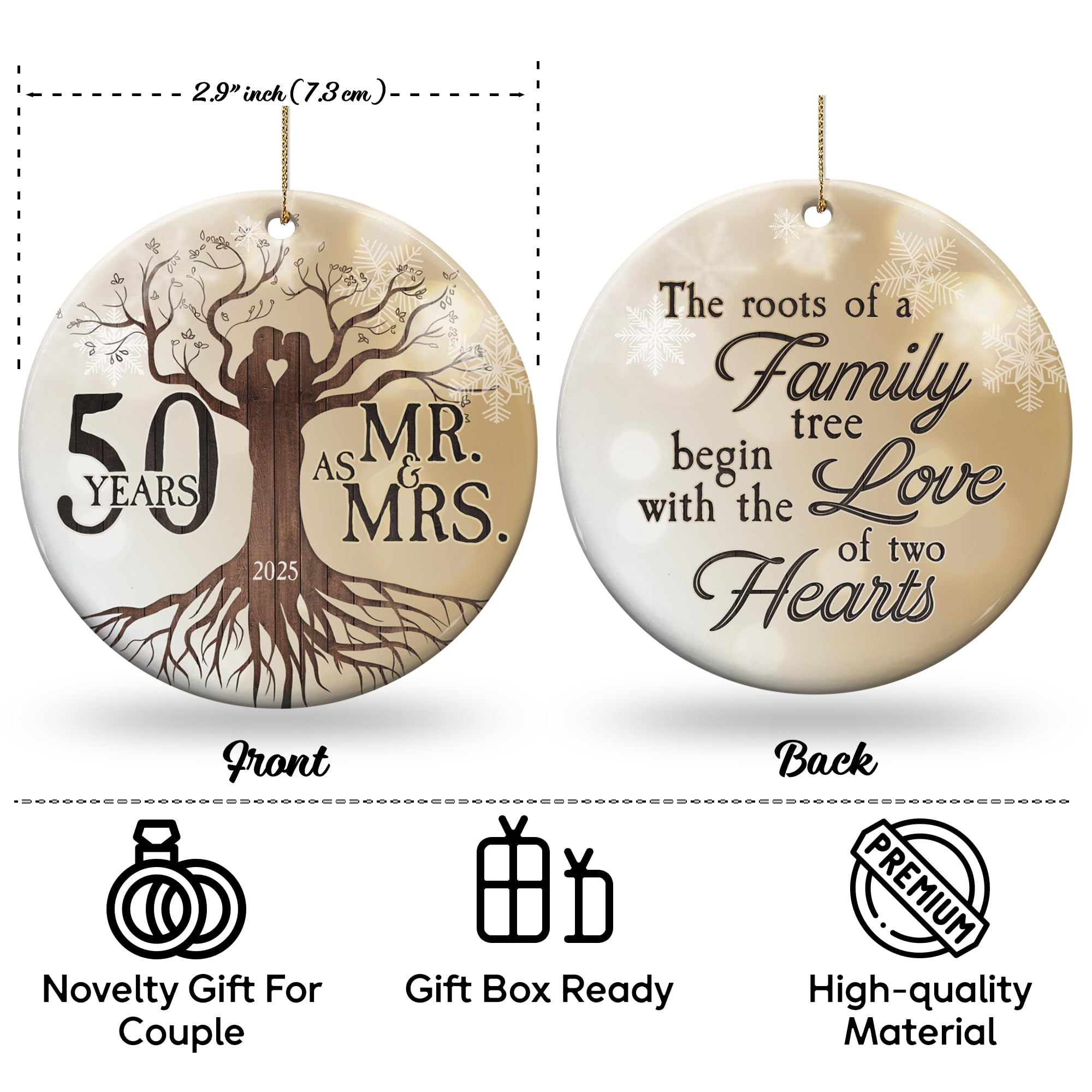 Giveena 50th Wedding Anniversary Ornament - Ceramic Christmas Ornament Gift for Couple, Parents, Friend - 50th Anniversary Present Holiday Decoration