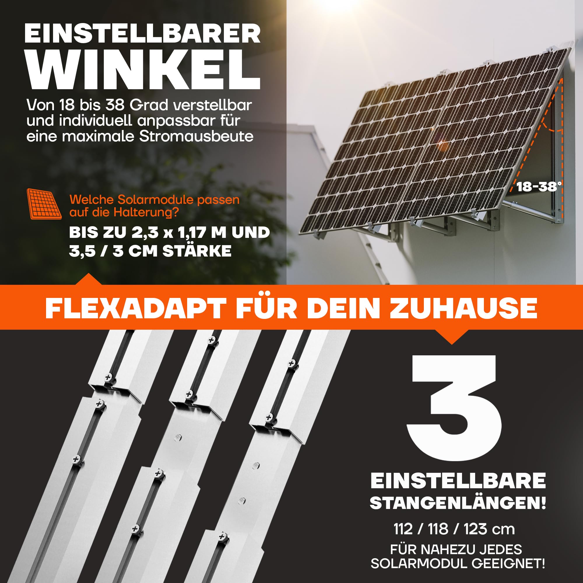 SolarFuture Balkonkraftwerk Halterung Balkon - Flexibel Anpassbar & Sturmsicher | Solarpanel Halterung Solarmodul Halterung Balkonkraftwerk Pv Halterung Photovoltaik Befestigung Balkon Flachdach Wand
