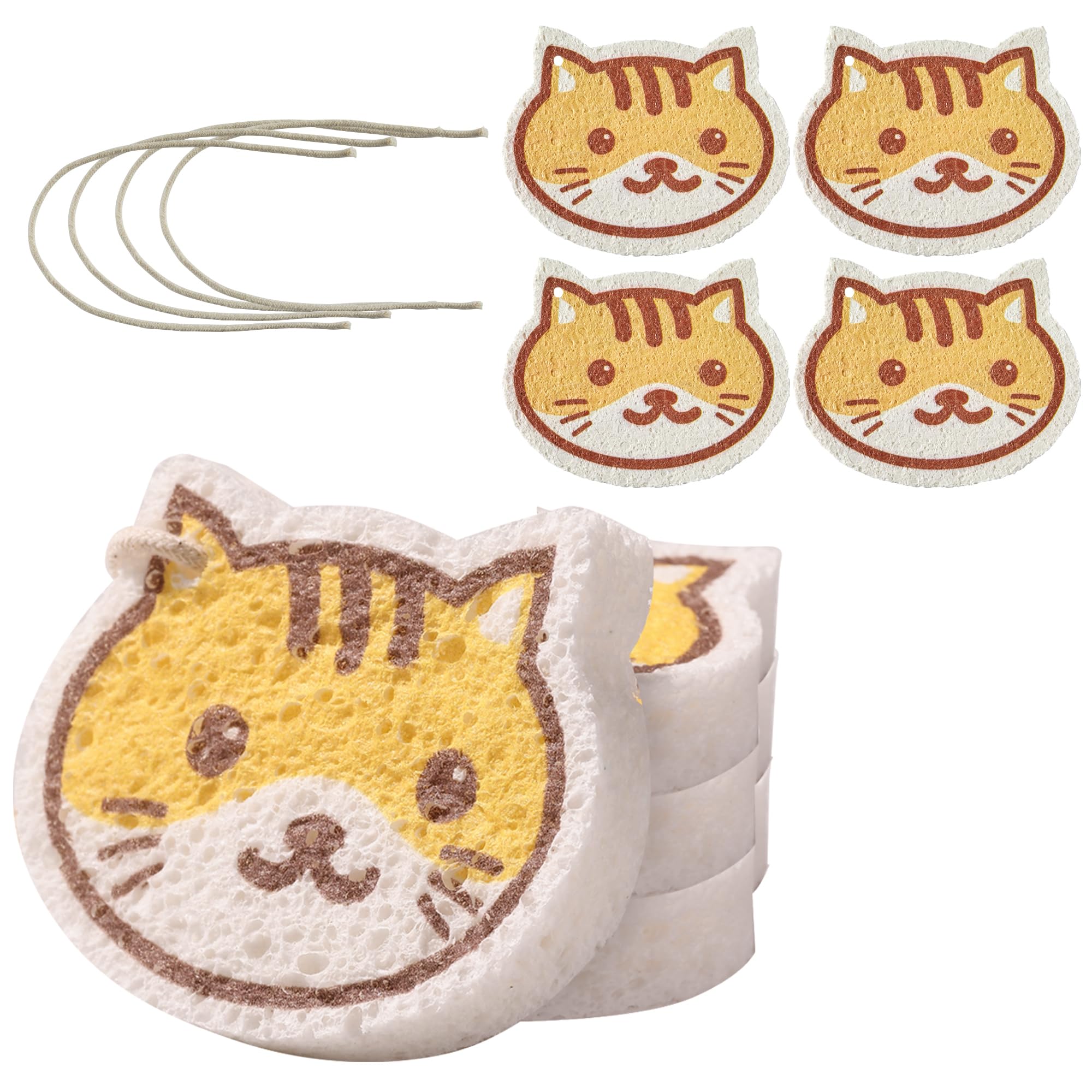 JOYMOOP Cartoon Kitchen Sponge, Cellulose Sponges for Cleaning, 4 Pack Non-Scratch Sponges for Dishes, Reusable Sponge for Household Cleaning - Kitten Pattern