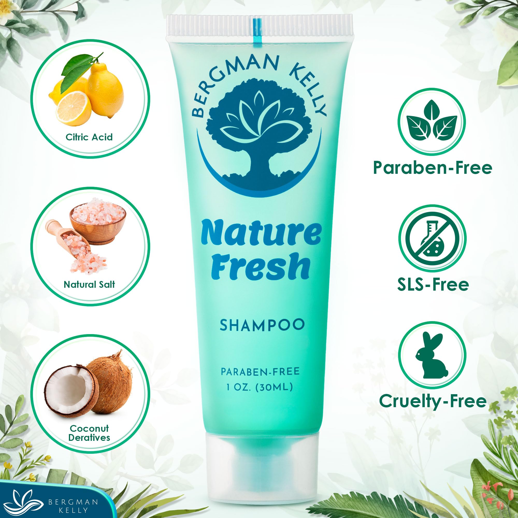 BERGMAN KELLY - Travel Size Hotel Shampoo - 1 fl oz, 100 PK, Nature Fresh - Delight Your Guests with Revitalizing & Refreshing Hair Cleanser for Guest Hospitality - Mini & Small Size Shampoo Bulk
