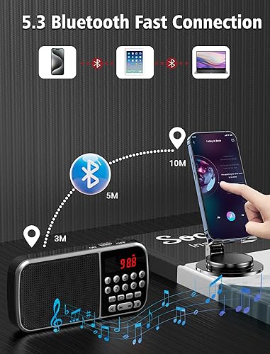 Miniatura 3 de Radio digital AM FM con Bluetooth 5.3, pequeña radio de transistor con la mejor recepción, batería recargable de 2000 mAh con altavoz de 5 W,