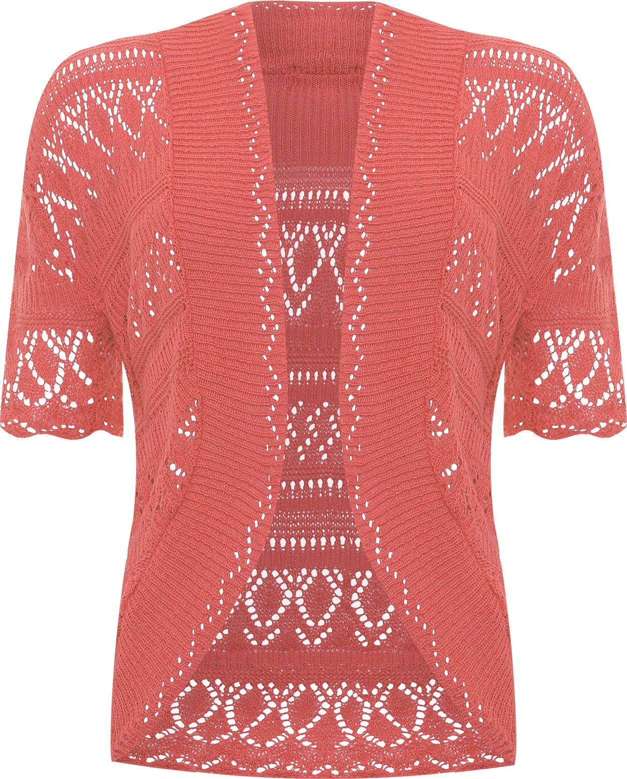 WearAll Women's Plus Knitted Crochet Short Sleeve Top Shrug Ladies Open Cardigan - Coral 20-22