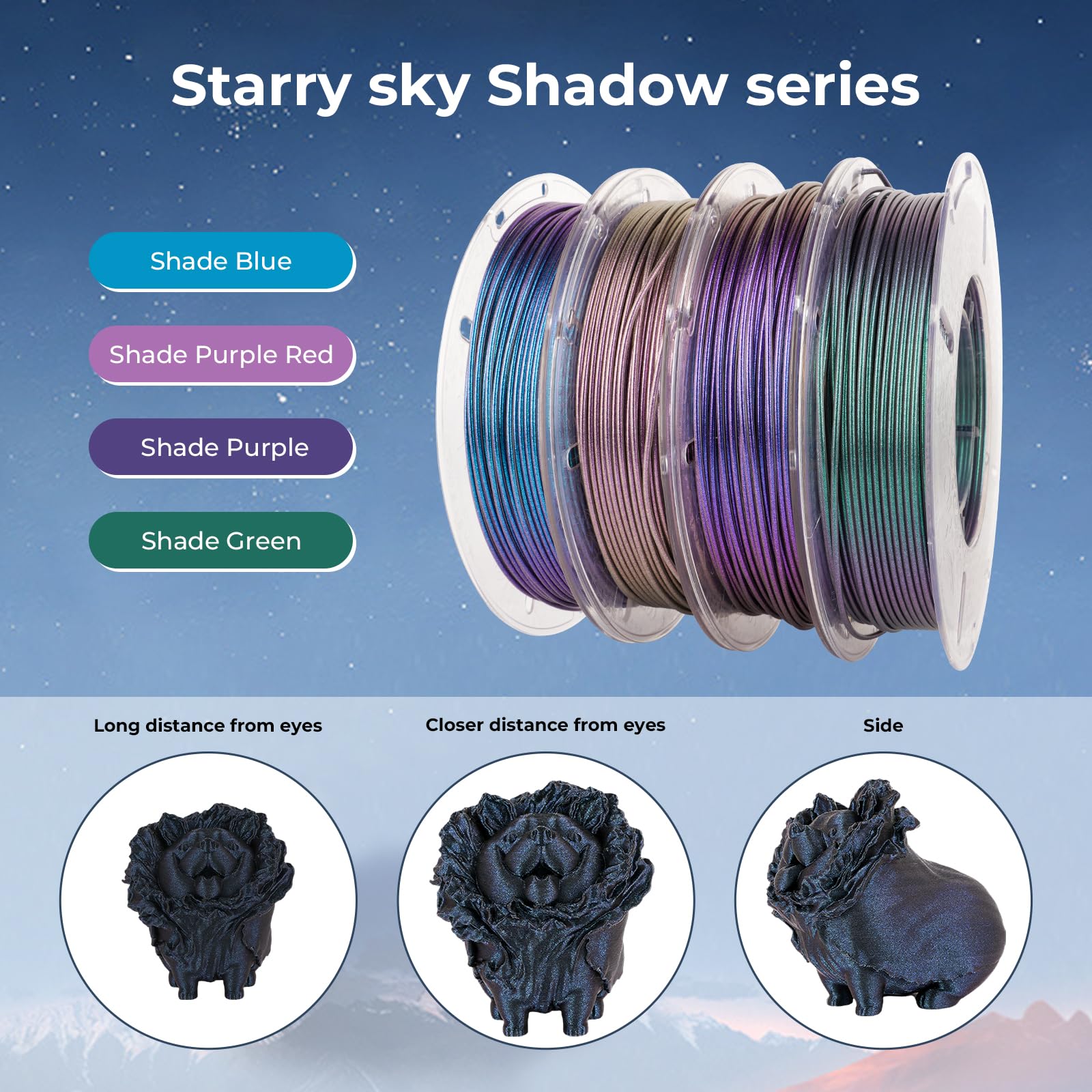 AMOLEN Filamento PLA para impresora 3D, filamento de impresión PLA serie cielo estrellado Pla de 1.75 mm, cielo estrellado morado oscuro/verde/azul/rojo morado, paquete de 4 x 200 g