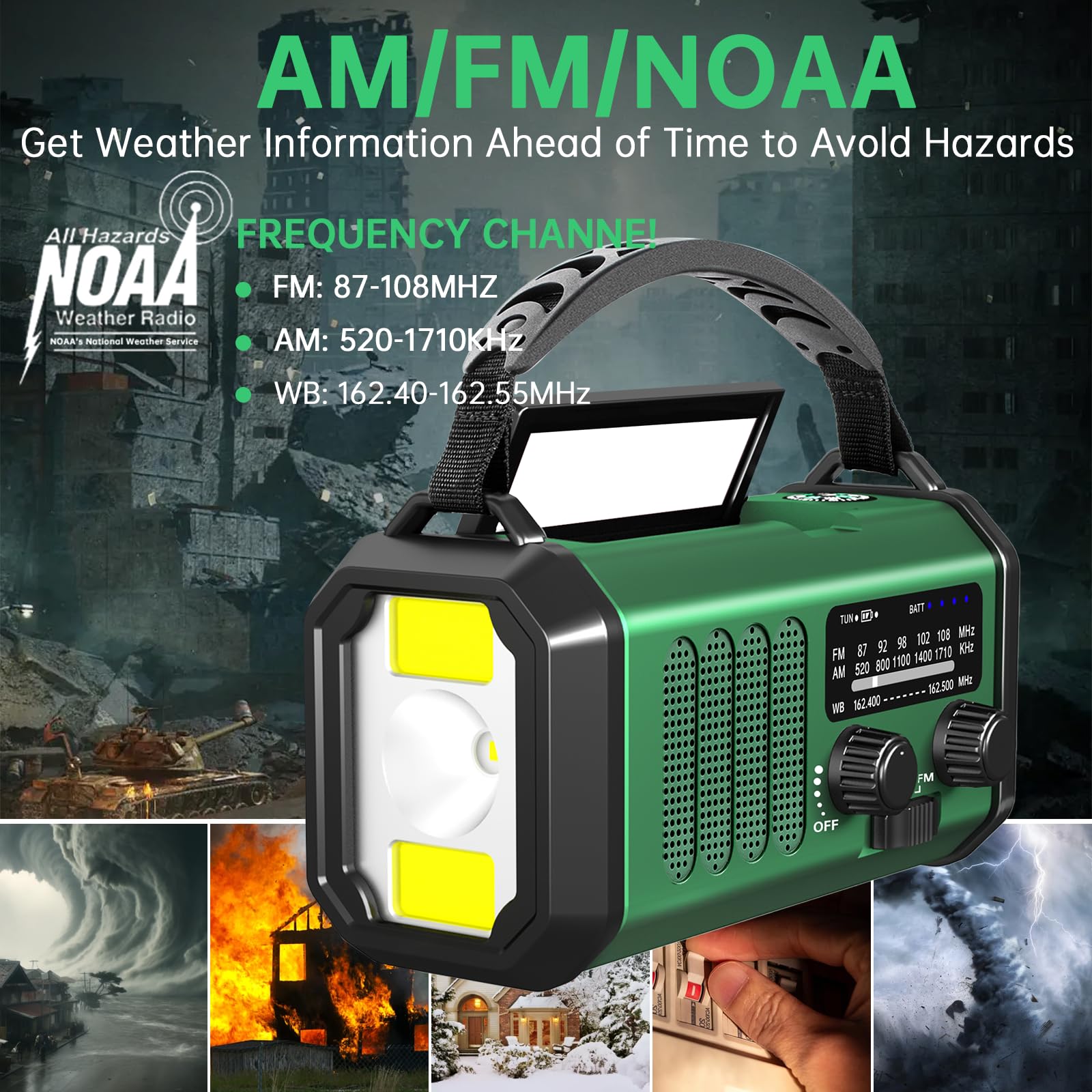 Radio d'urgence à manivelle solaire, radio météo AM/FM/NOAA intégrée 20 000 mAh, chargeur de type C, lampe de poche, lampe de lecture, SOS, compacte et portable pour camping/situations