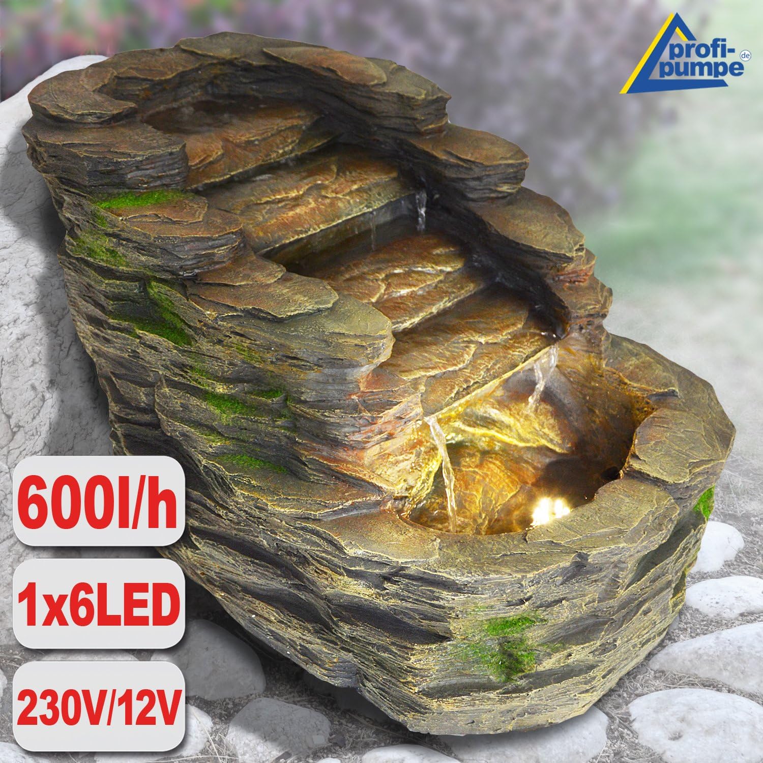 AMUR NIE przegap !!! Solarne źródełko STONE CASCADE BLACK; leśna fontanna solarna; wodospad; ozdobna fontanna na balkon, do domowego ogrodu i kąpieli dla ptaków; LED + lekka woda fontanna 203 V