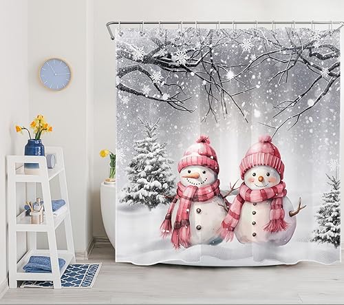 Cortina de ducha de muñeco de nieve de Navidad, bosque de pinos de invierno con muñeco de nieve rosa y copo de nieve, cortina de ducha para baño,