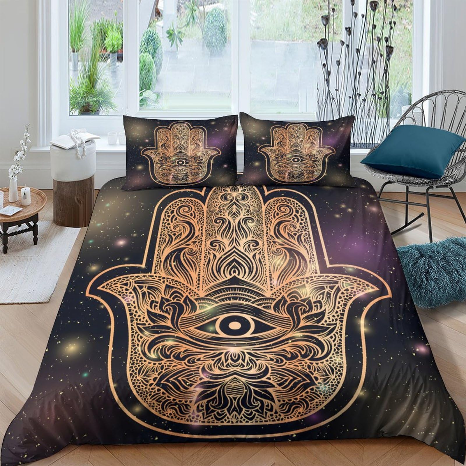 Ctjqhvkz Style-8 3D Printed Hamsa Hand Fitted Sheet Microfiber Gold Mandala Bed Cover Slip-Resistant Washable For Bedroom Guest Room Decor Single（135X200cm）