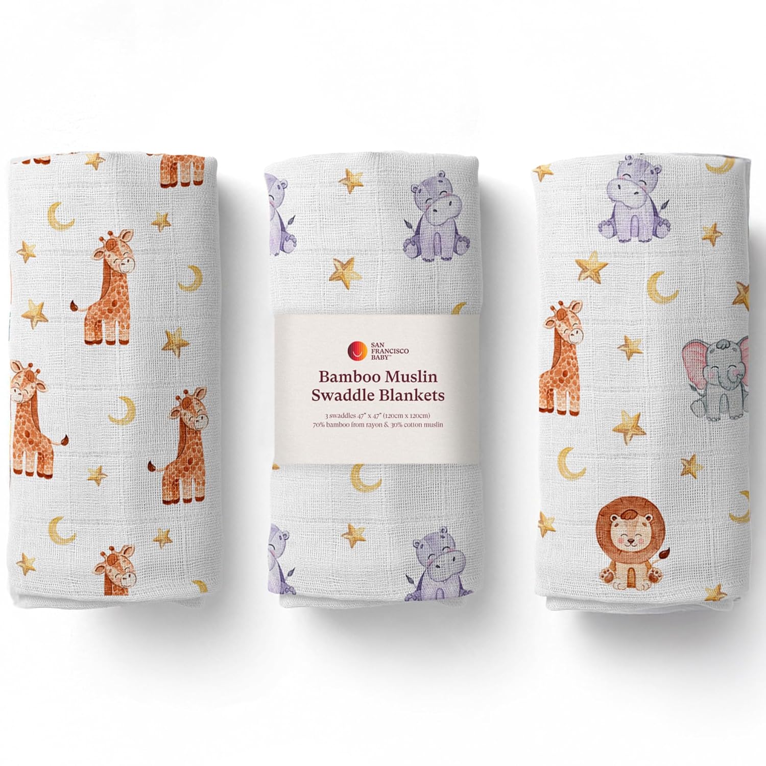 San Francisco Baby Muslin Swaddle Blankets, 3-Pack - Soft Bamboo Rayon and Cotton Receiving Blankets for Boys & Girls - Adorable Animal Design