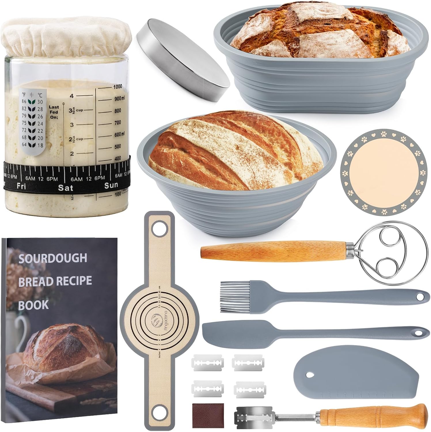 Angadona Sourdough Starter Kit, Sourdough Bread Baking Supplies, 40oz Sourdough Starter Jar, 9" Round & 10" Oval Silicone Bread Proofing Baskets Set, Bread baking tools,Silicone bread Sling