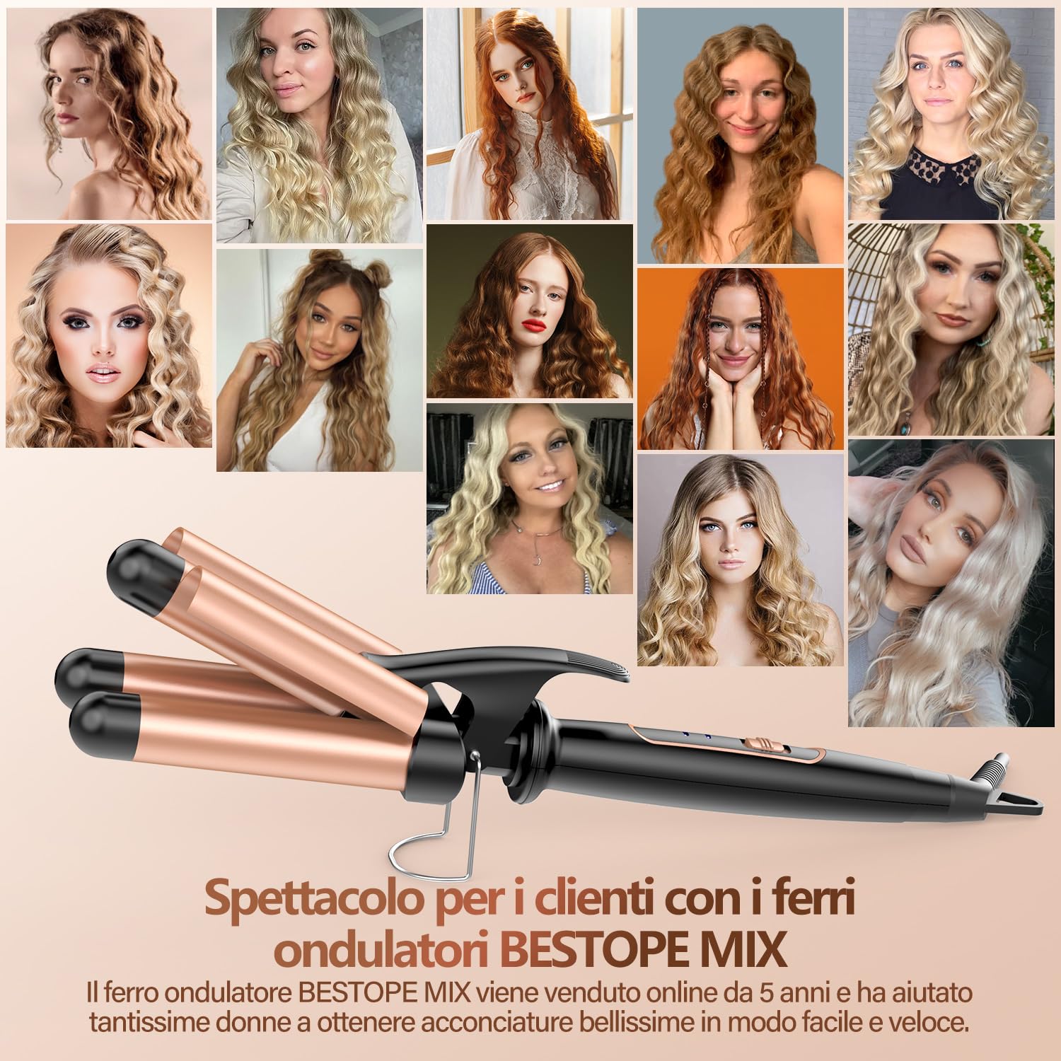 Piastra Onde per Capelli Ferro Arricciacapelli 22mm - BESTOPE MIX Ferro Arricciacapelli 3 Tubi Piastra Capelli Onde Ceramica Calore Rapido 150°C/210°C Ferro per Capelli Onde per Capelli Lunghi e Corti