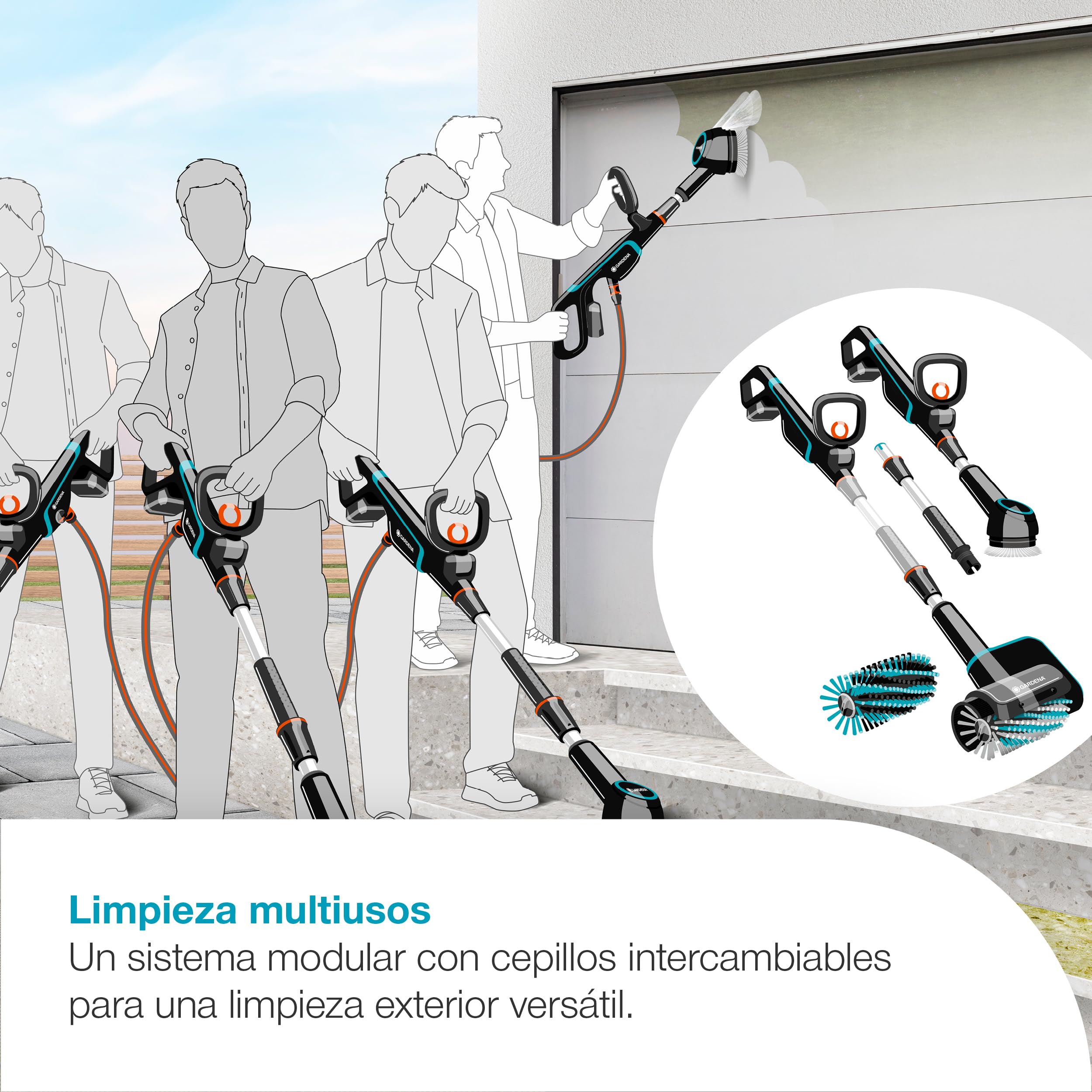 Gardena Multi limpiador a batería AquaBrush Patio 03/18V P4A Solo: Exterior, Funcionamiento con un solo toque, Limpieza de patios, Cepillo de perfilado, Sin cable (14841-55)