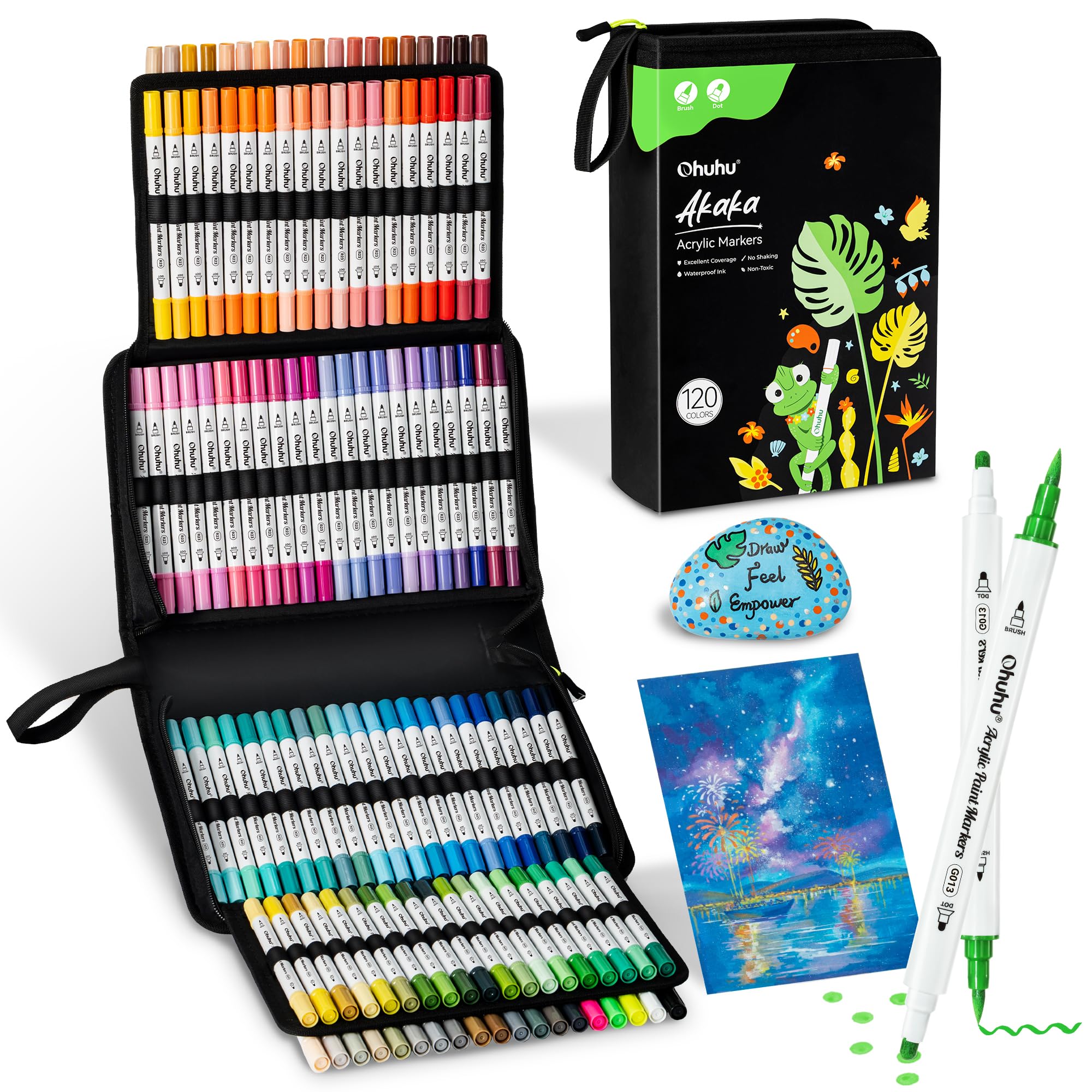 Ohuhu Acrylic Paint Pens 120 Dual Tip Brush & Dot for Rock Wood Glass