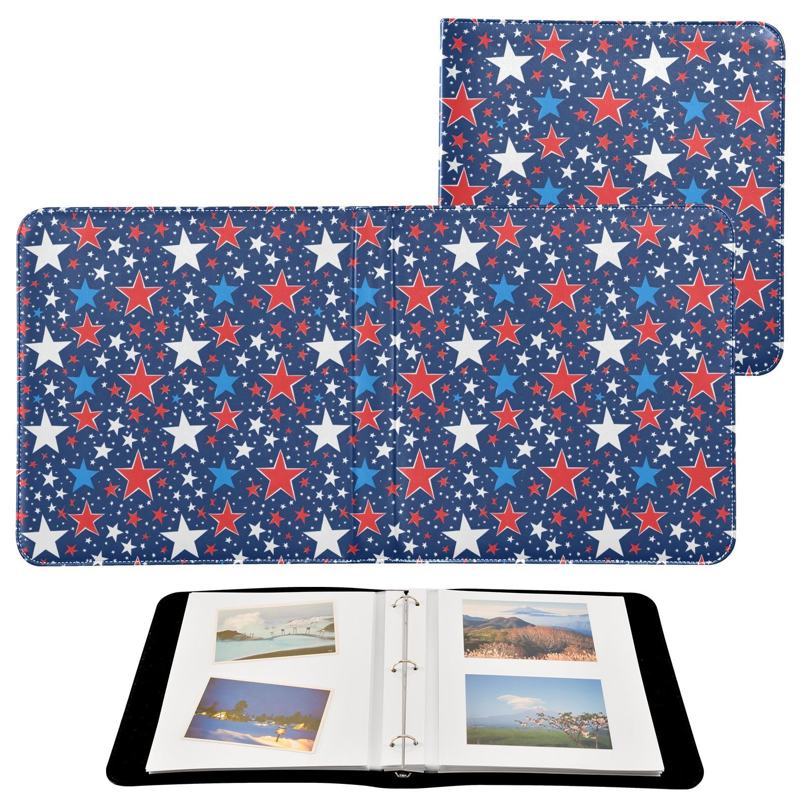 JIPONI Independence Day Stars Large Photo Album, DIY Leather Cover Scrapbook Albums for 4x6 5x7 6x8 Pictures, Self Adhesive Memory Book for Wedding, Baby, Family