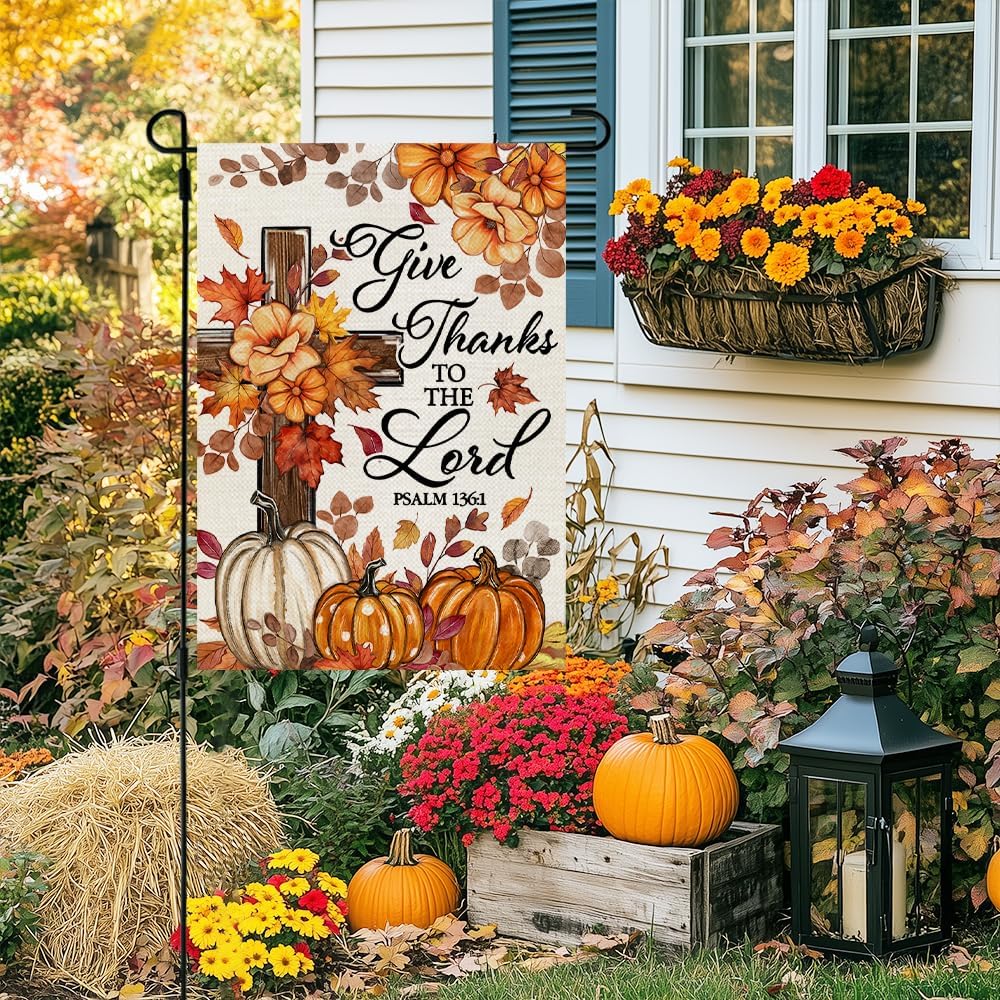 CROWNED BEAUTY Fall Cross Pumpkin Garden Flag for Outside 12x18 Inch