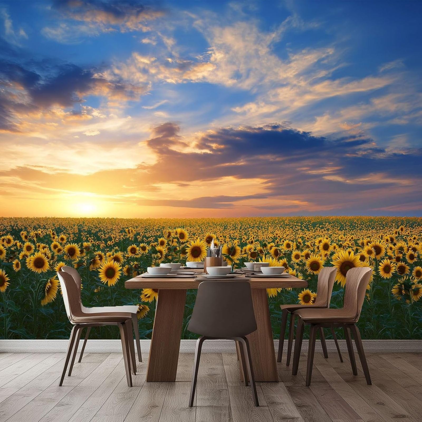 hgjdjhnf Photo Wallpaper, Pastoral Style, Sunflowers, Non-Woven wall Decoration, Wallpaper, wall Covering, Decoration, Study, Living Room, Restaurant, Cafe, Blue, 350cm x 256cm