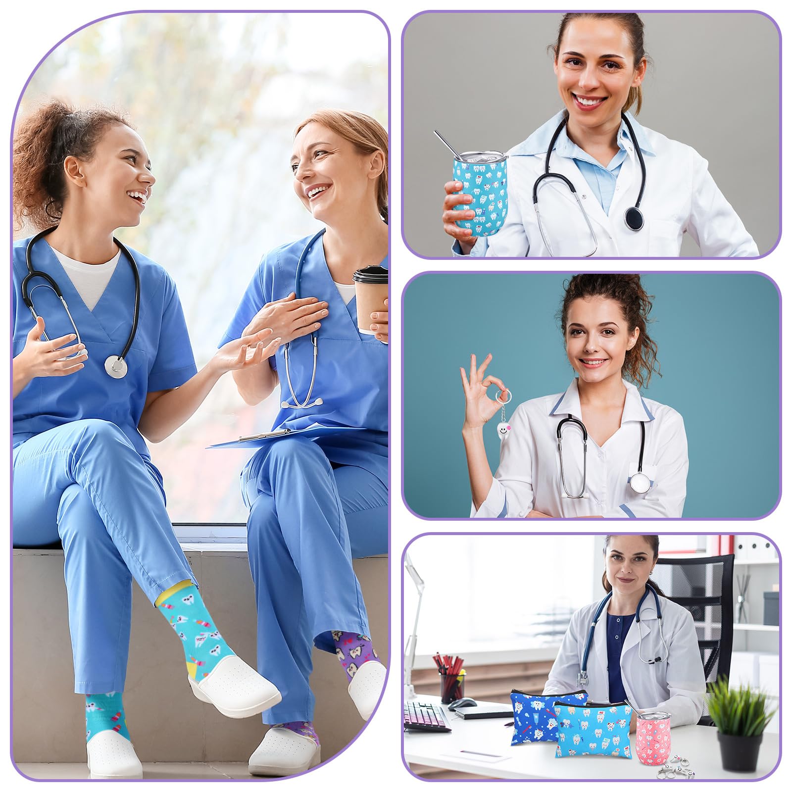 Jingmore 16 Pcs Dental Hygienist Gifts Bulk Include12 oz Teeth Stainless Steel Tumbler Cosmetic Bag Tooth Shape Keychain Tooth Socks Dental Assistant Gifts for Christmas Nurse Graduation Accessories